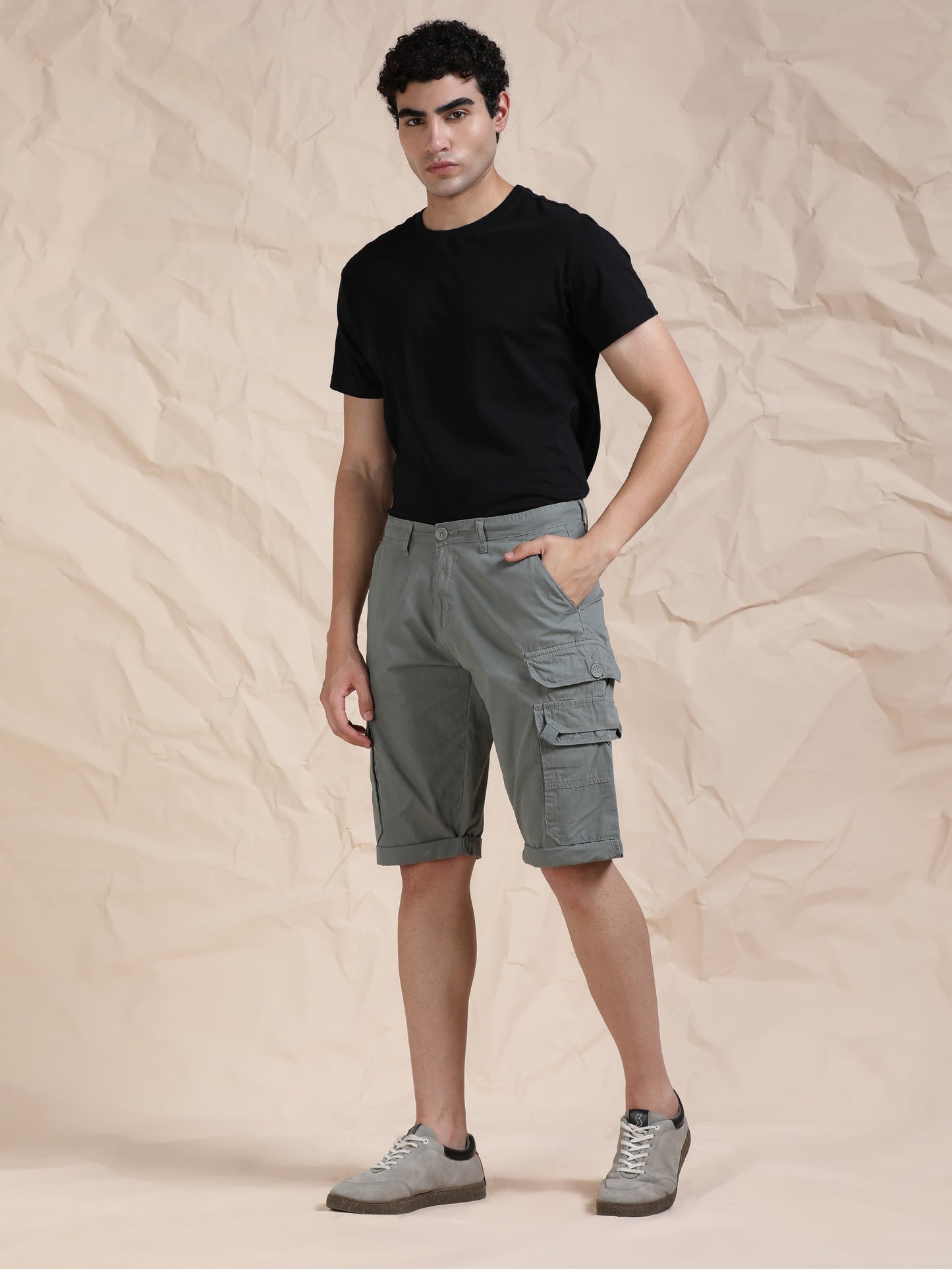 Cotton F Green Cargo Shorts with Cross Pocket