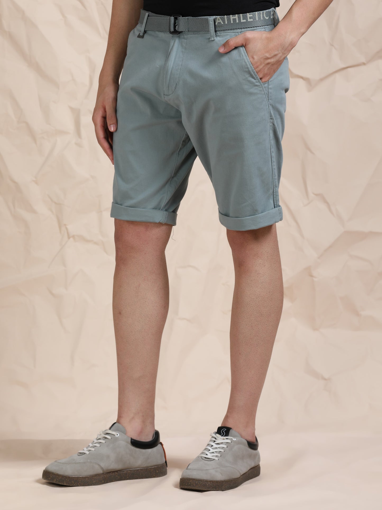 Cross Pocket St Grey Shorts with Belt