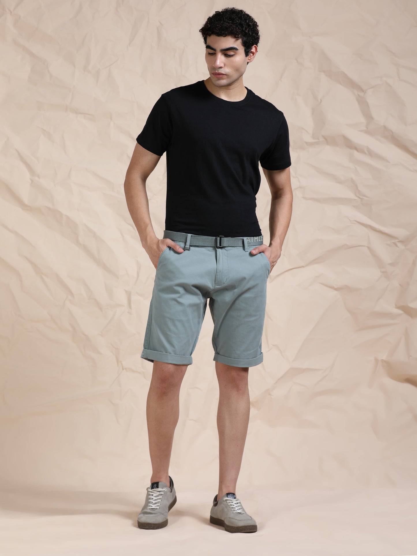 Cross Pocket St Grey Shorts with Belt