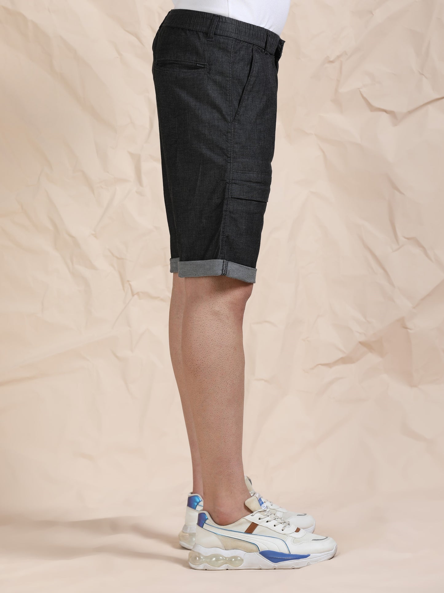 Men's Black Solid Cotton Lycra Mid-Rise Casual Shorts
