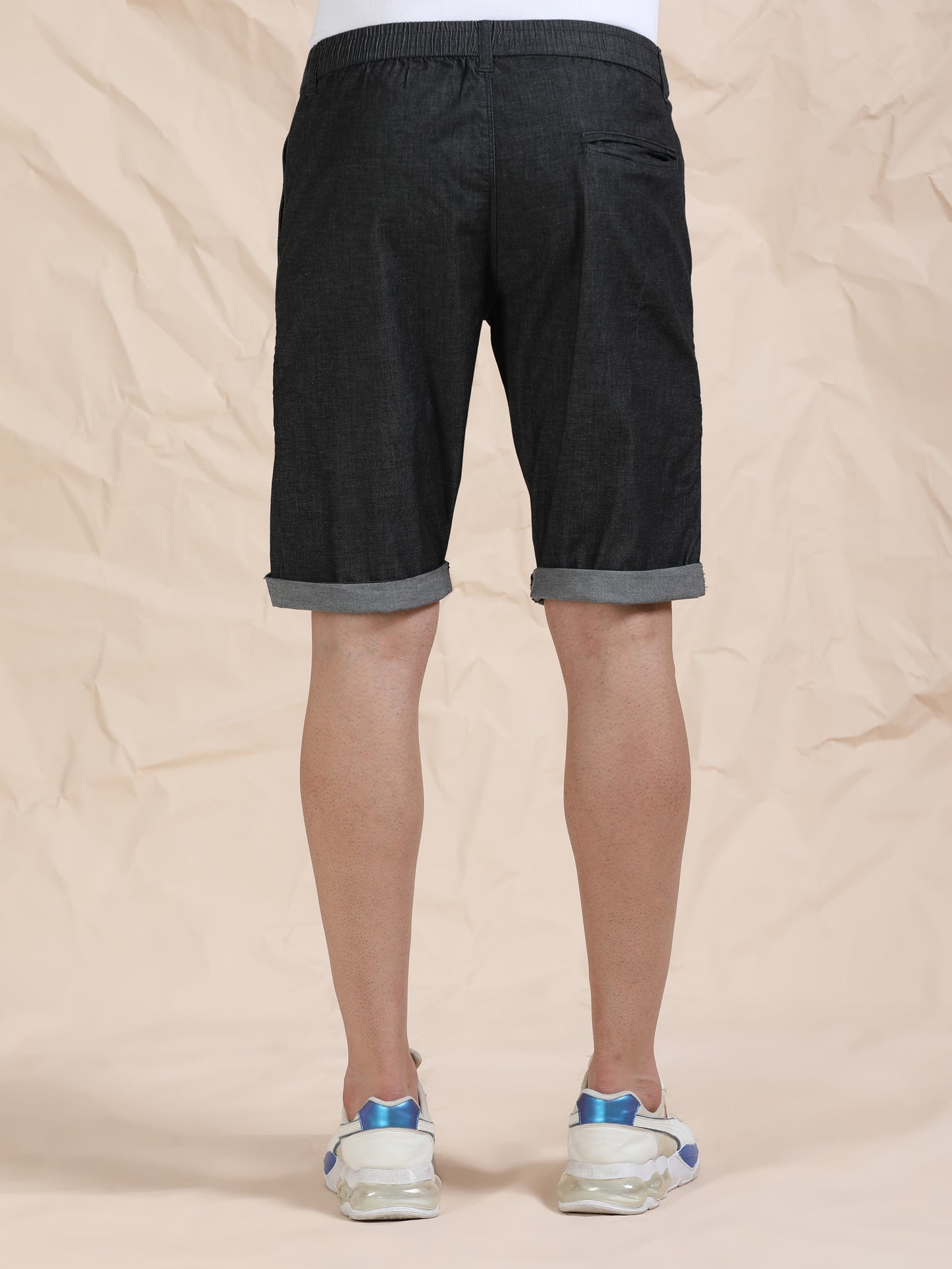 Men's Black Solid Cotton Lycra Mid-Rise Casual Shorts