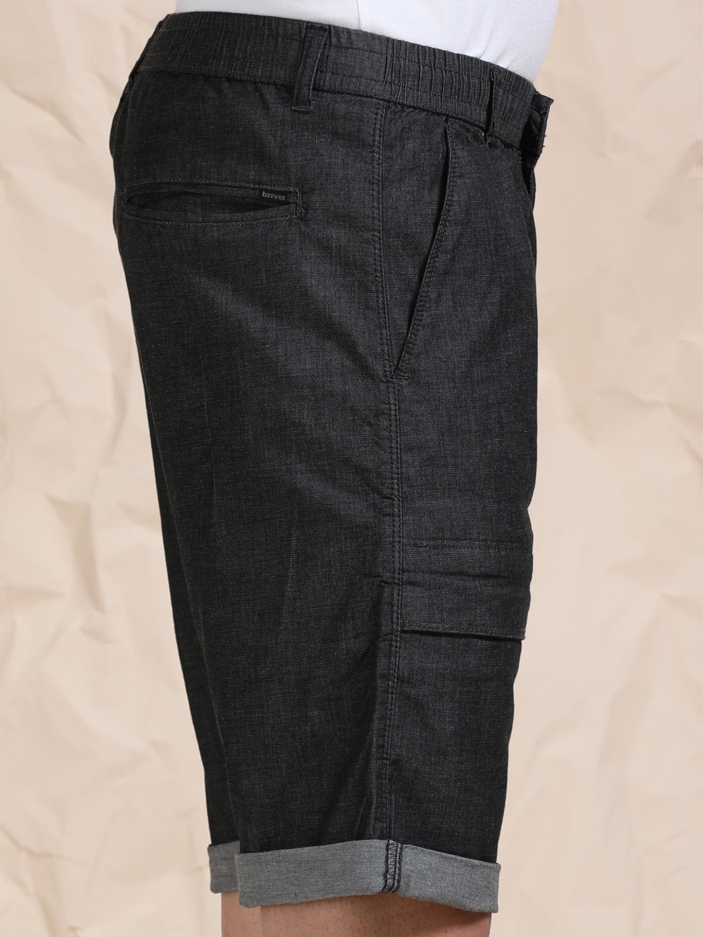Men's Black Solid Cotton Lycra Mid-Rise Casual Shorts