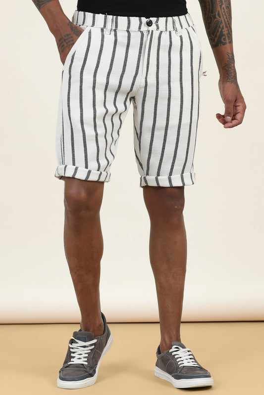 Elasticated Waist Zip Pocket Off White Yarn Dyed Striped Shorts
