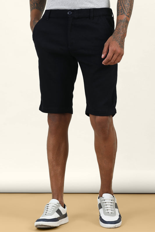 Structred Fabric Zip Pocket Stretchable Navy Shorts