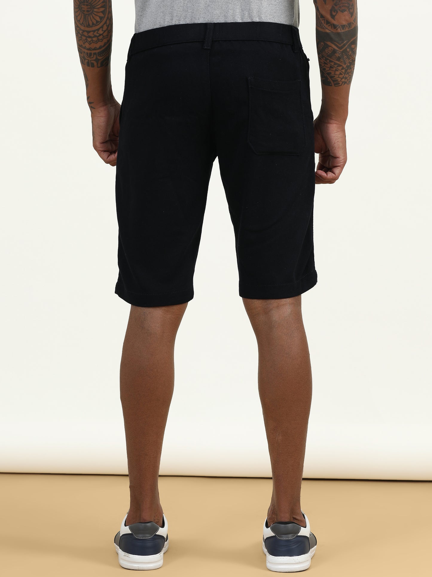 Structred Fabric Zip Pocket Stretchable Navy Shorts
