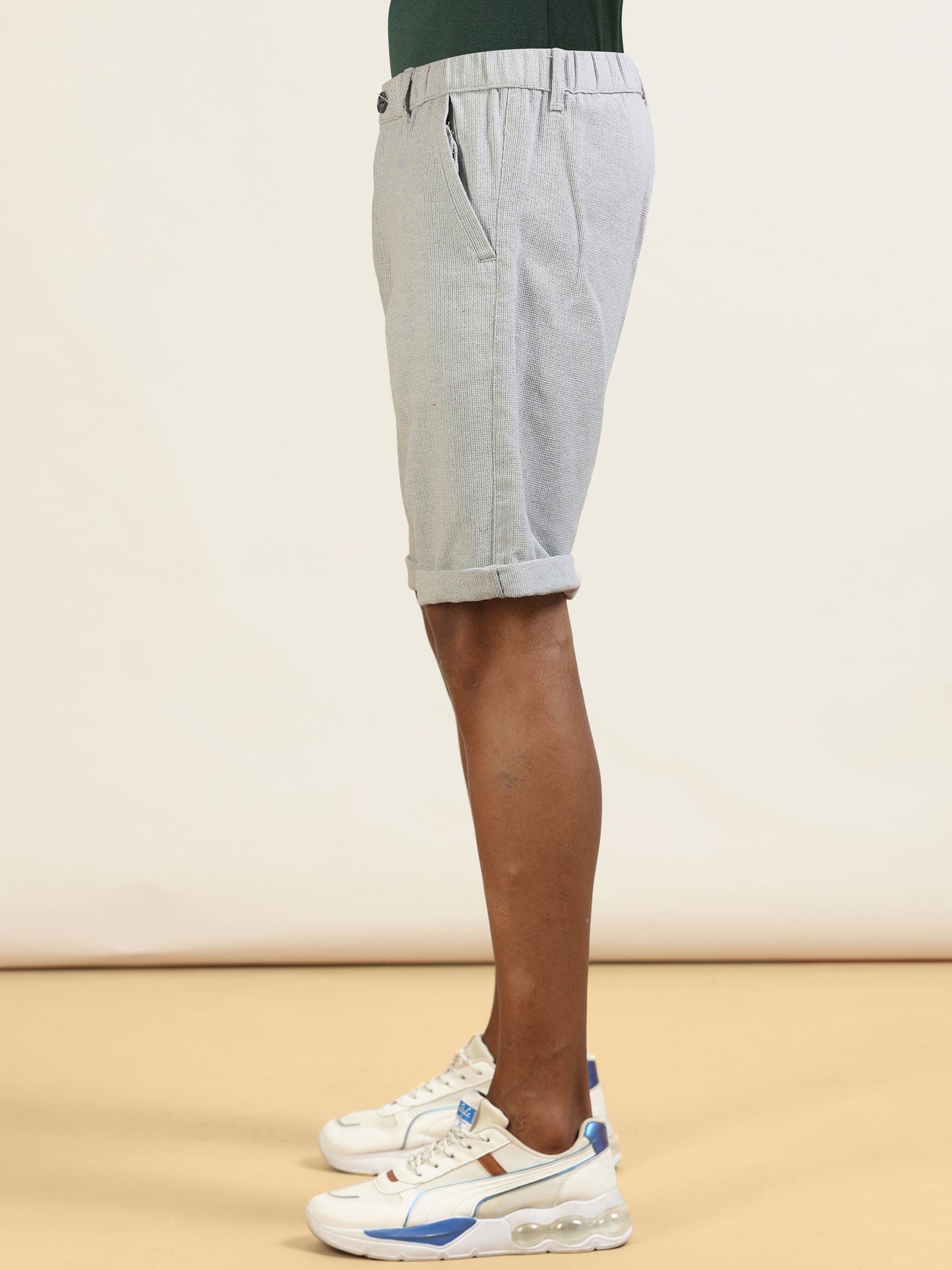 Yarn Dyed Elasticated Waist Beige Shorts