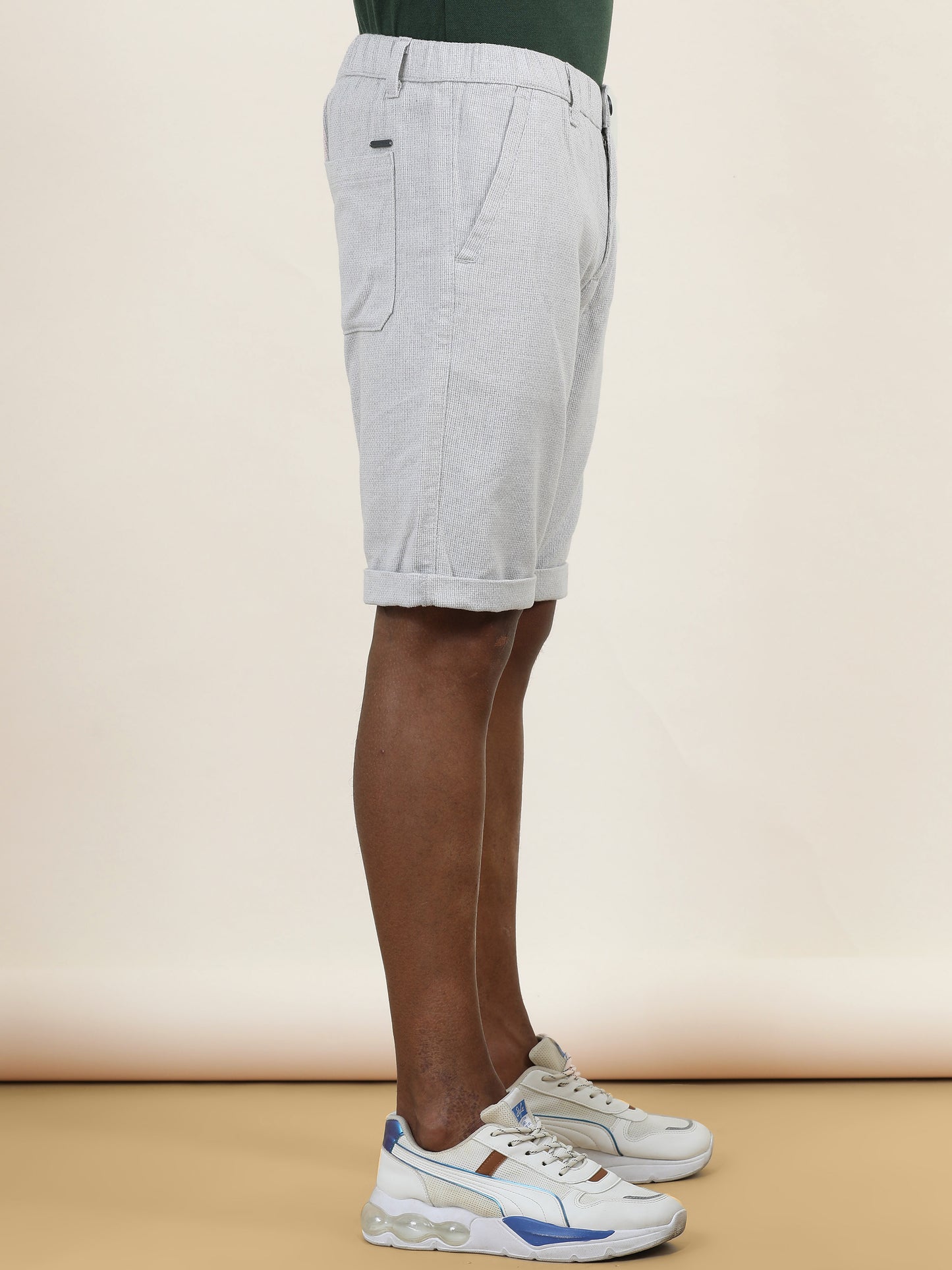 Yarn Dyed Elasticated Waist Beige Shorts