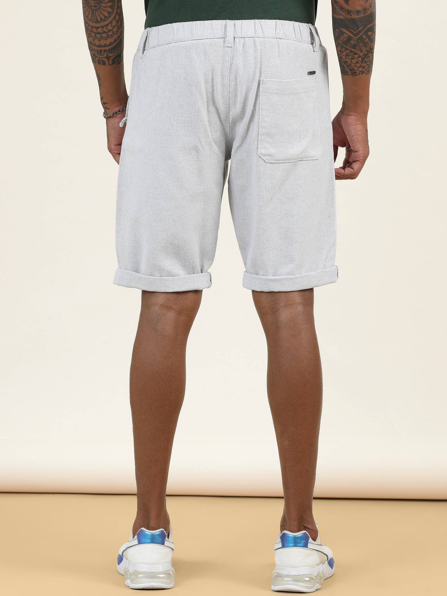 Yarn Dyed Elasticated Waist Beige Shorts