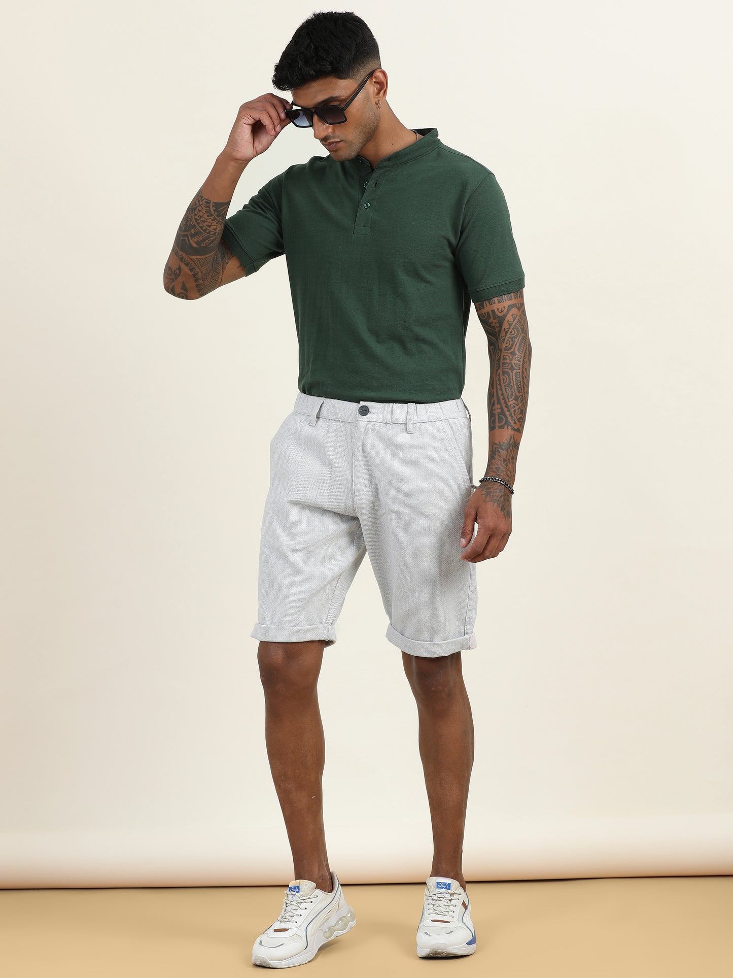 Yarn Dyed Elasticated Waist Beige Shorts