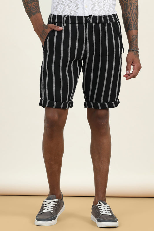Elasticated Waist Zip Pocket Black Yarn Dyed Striped Shorts