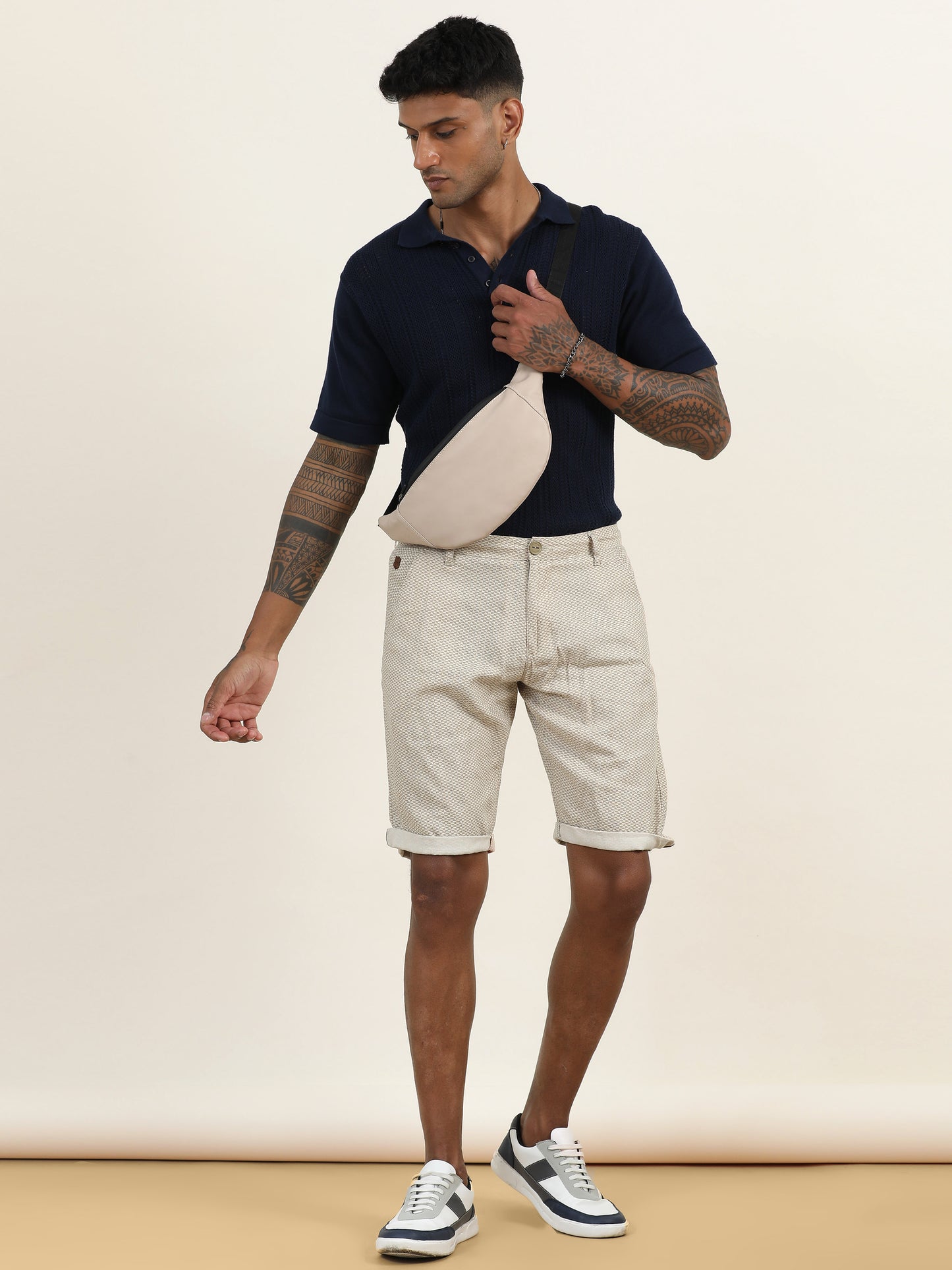 Printed Linen Beige Shorts