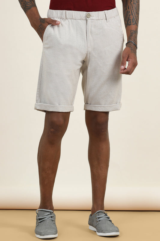 Elasticated Waist Zip Pocket Yarn Dyed Beige Shorts