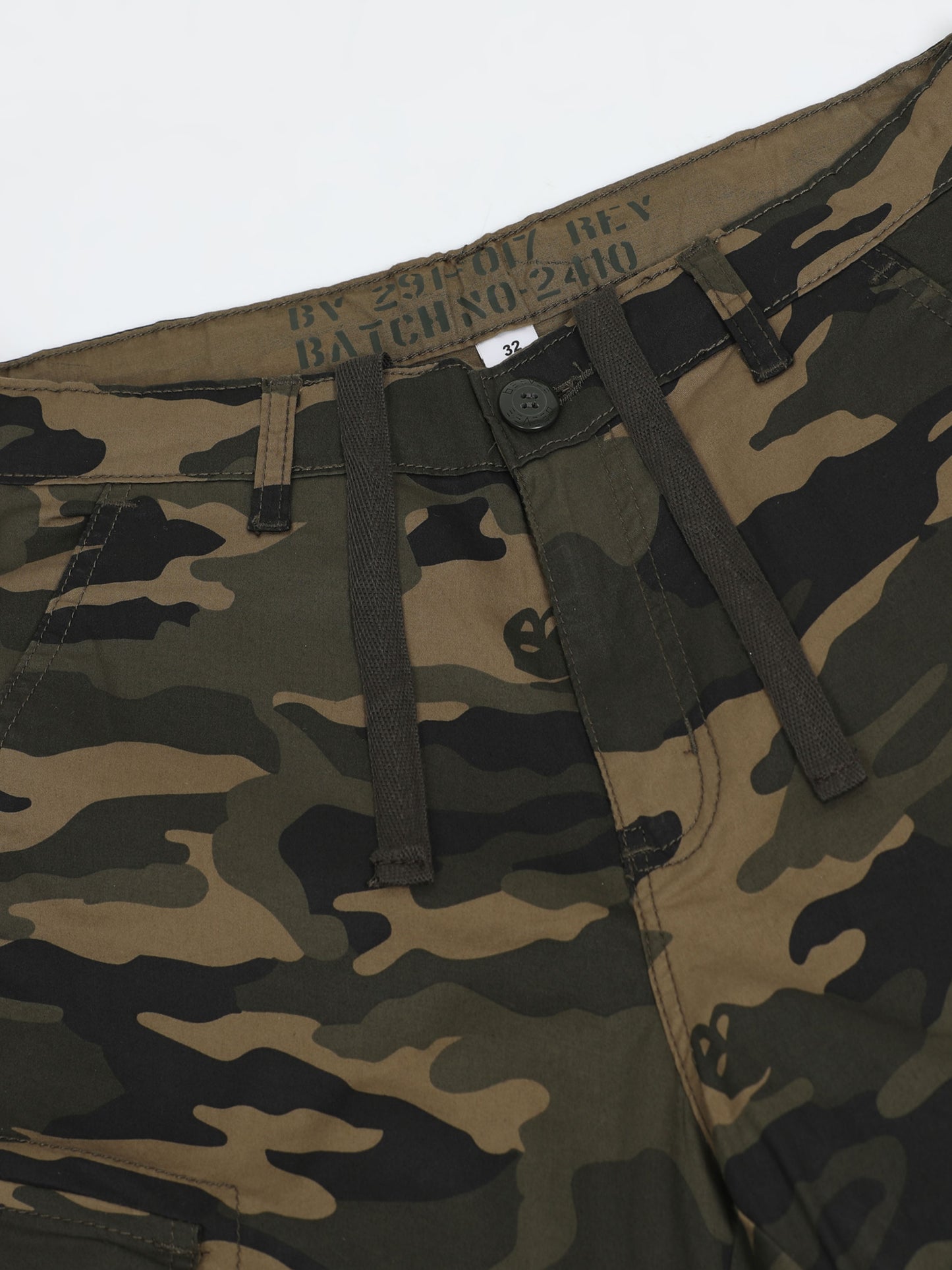 Olive Cargo Shorts with Camo Print