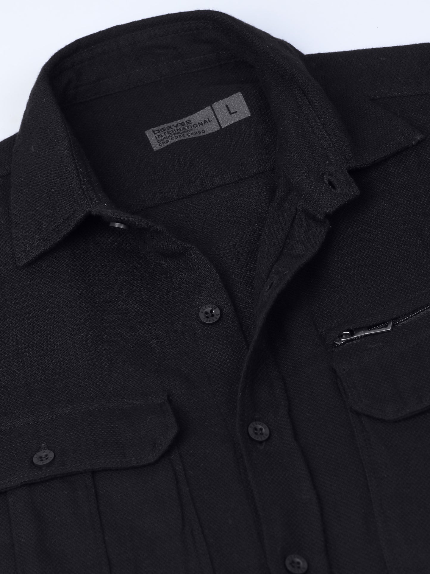 Multi Pocket Waffle Structured Solid Black Shirt