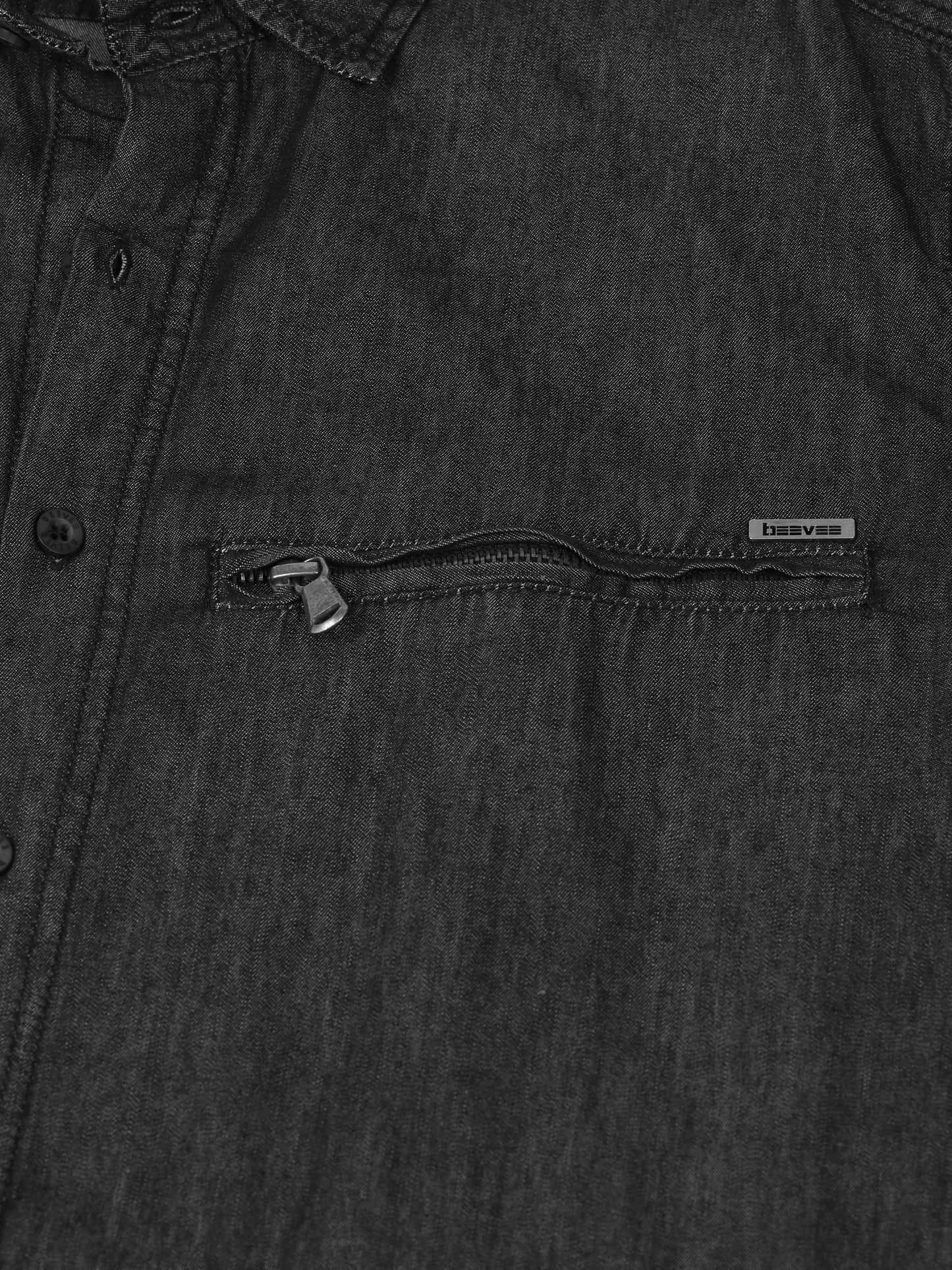 Double Pocket Solid Stretchable Black Denim Shirt