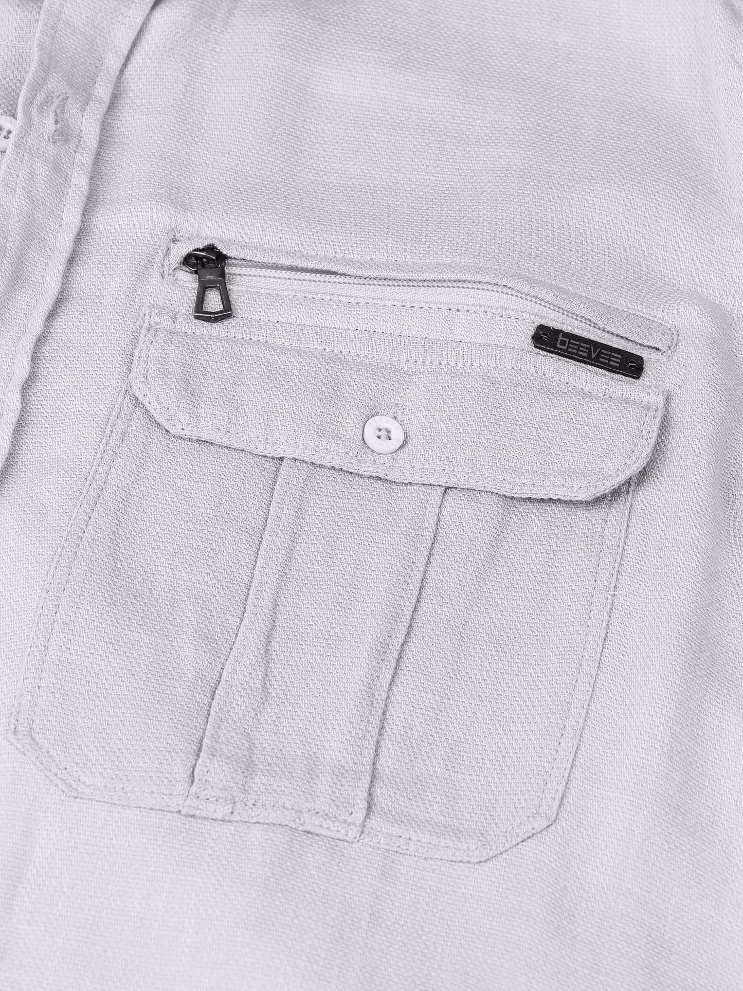 Multi Pocket Waffle Structure Solid Light Grey Shirt