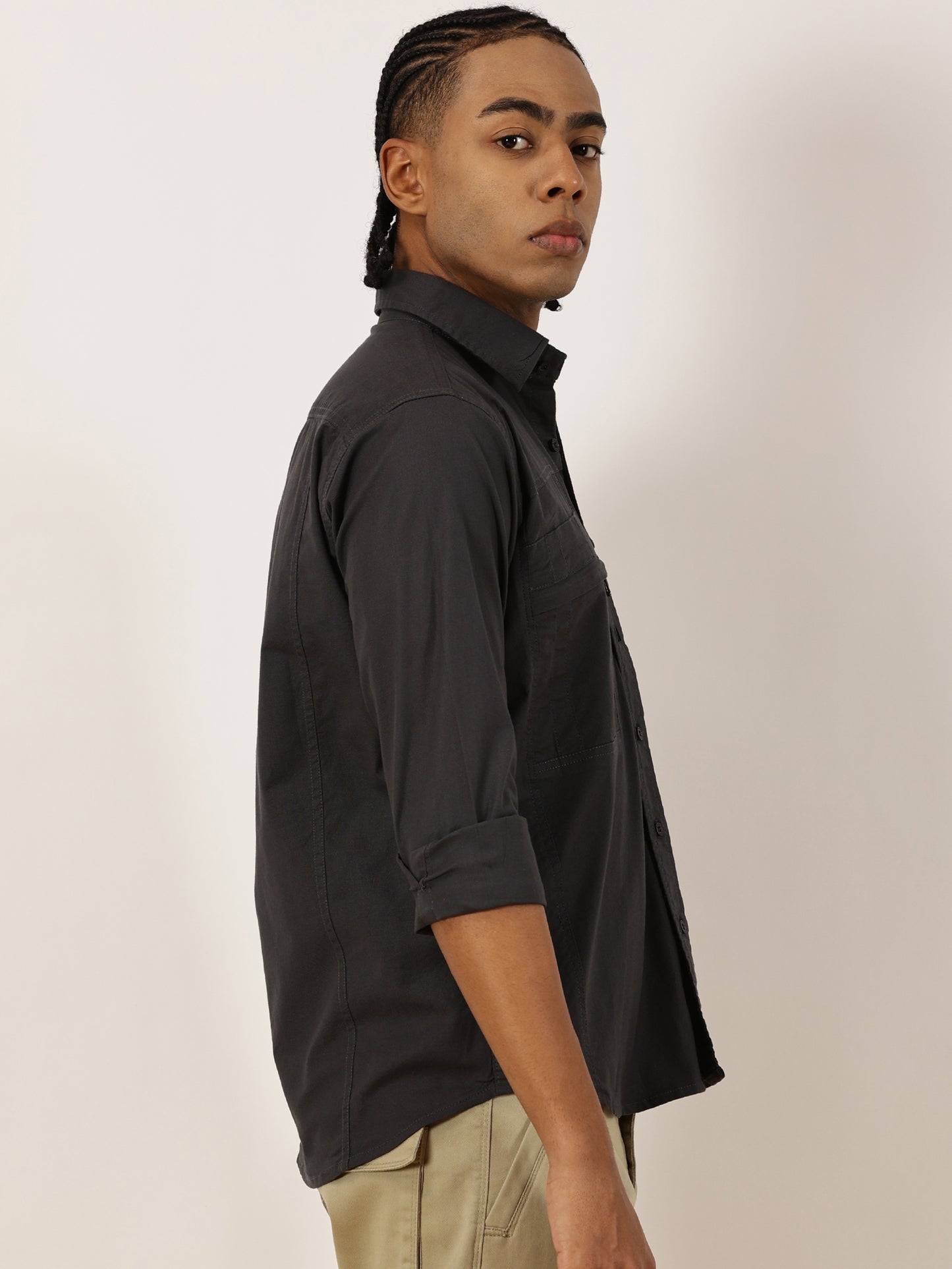 Multi Pocket with Zip Stretchable Grey Cargo Shirt