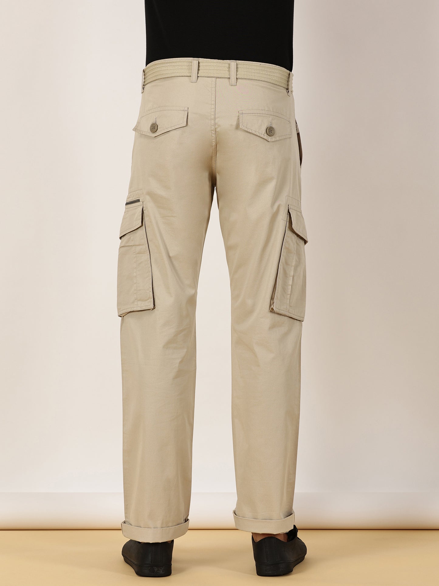 BEEVEE Men's Solid Beige Cargo Pants with Belt