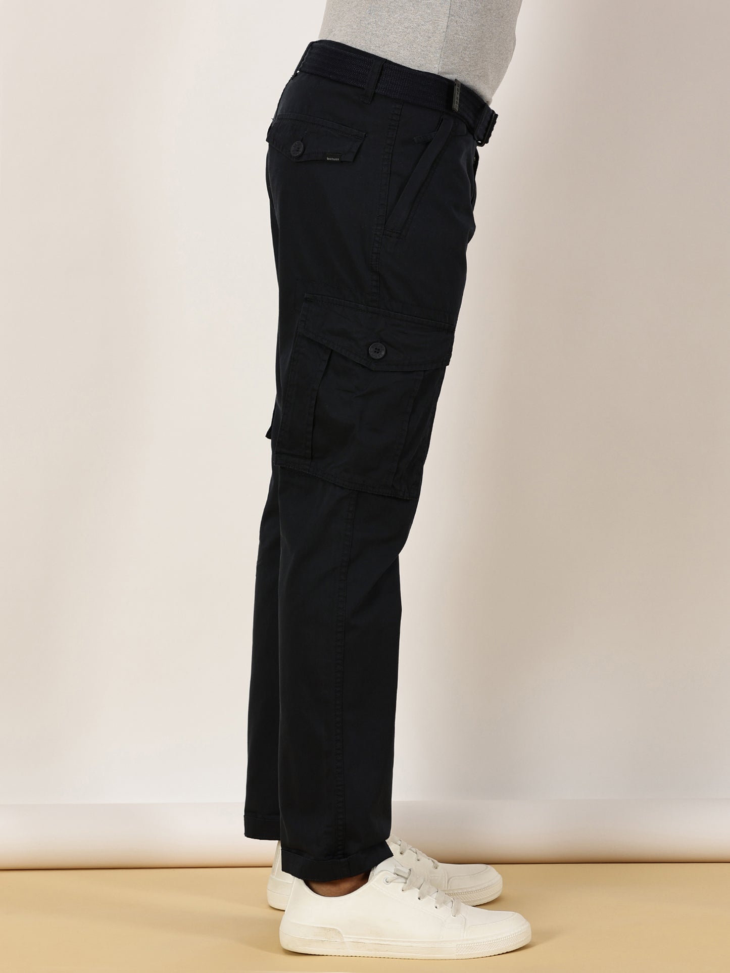 BEEVEE Men's Solid Navy Cargo Pants with Belt