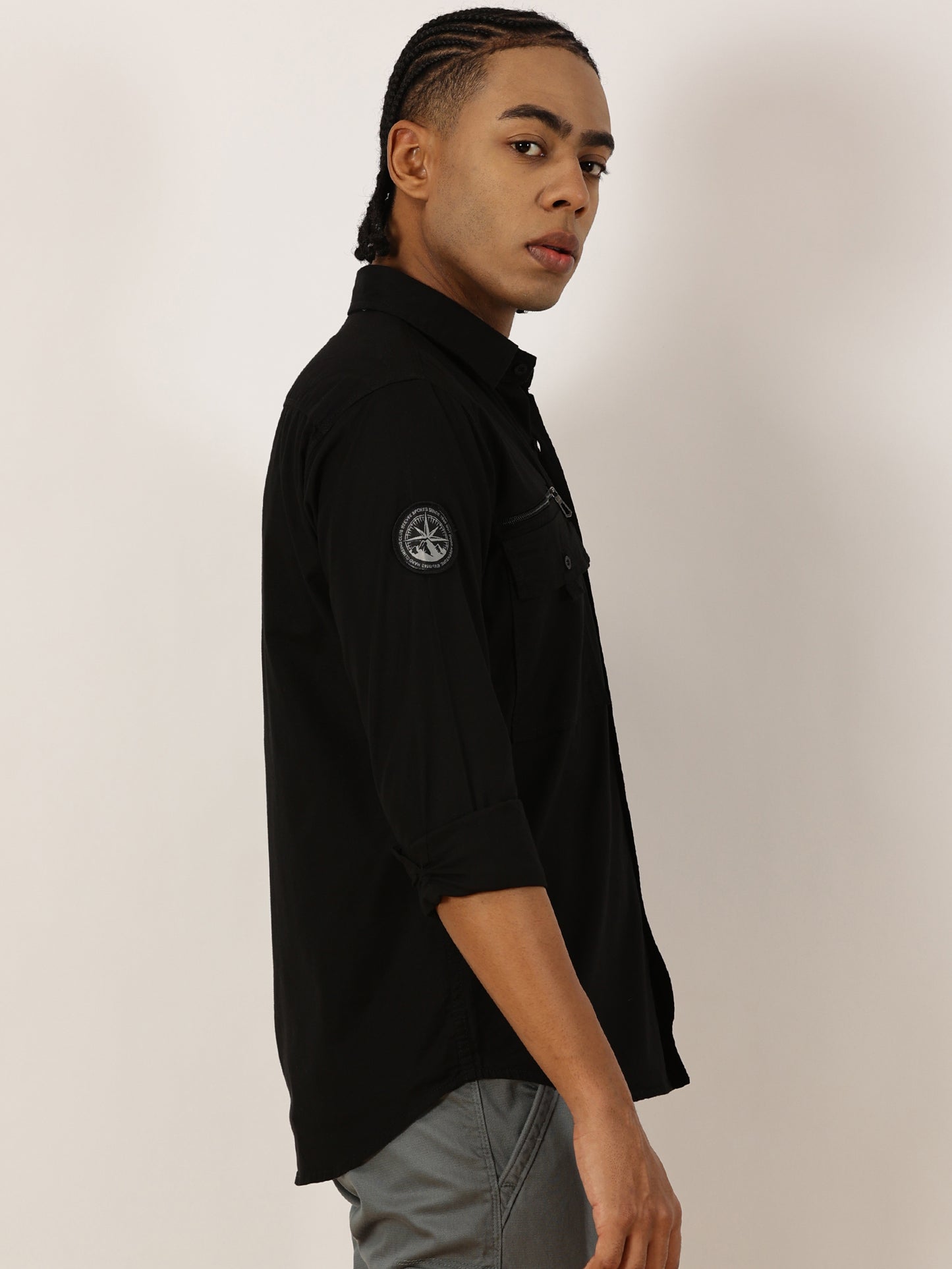 Zip Pocket Stretchable Black Cargo Shirt