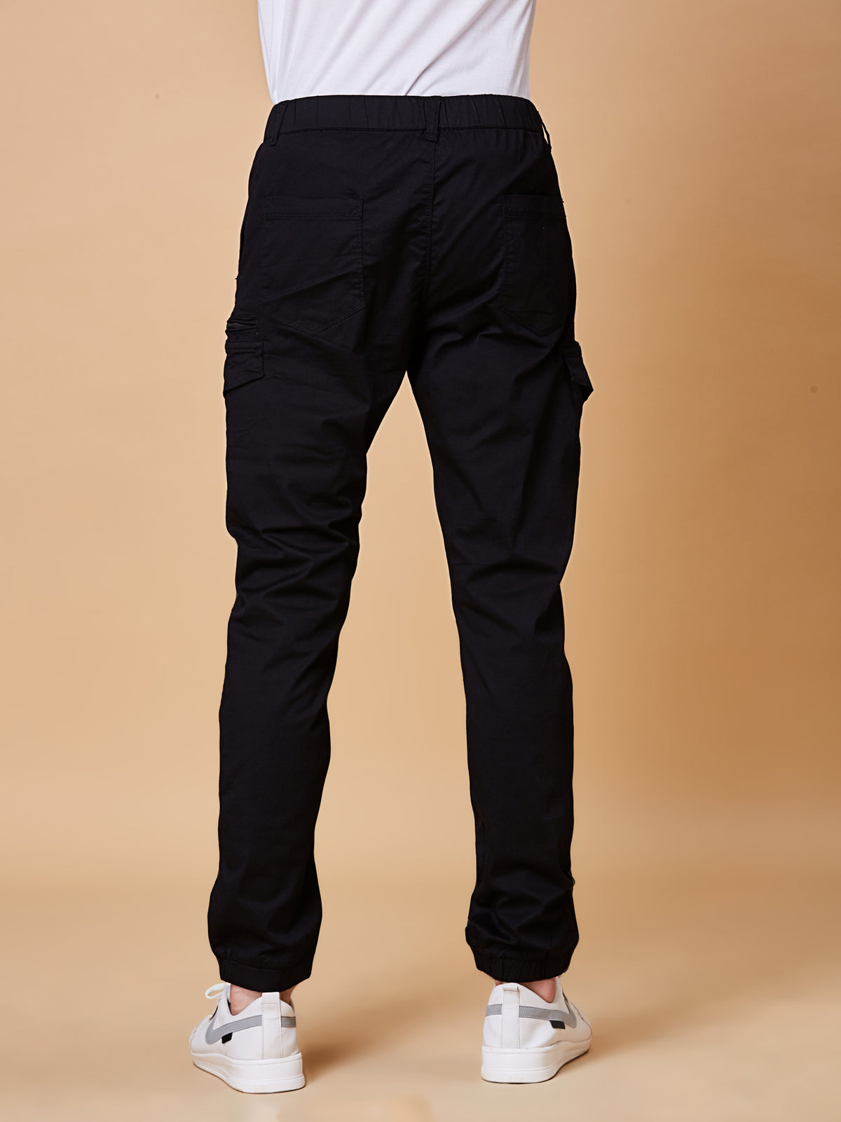 BEEVEE Men's Cotton Blend Solid Regular Fit Elasticated Waist Band Casual Jogger Cargo Black