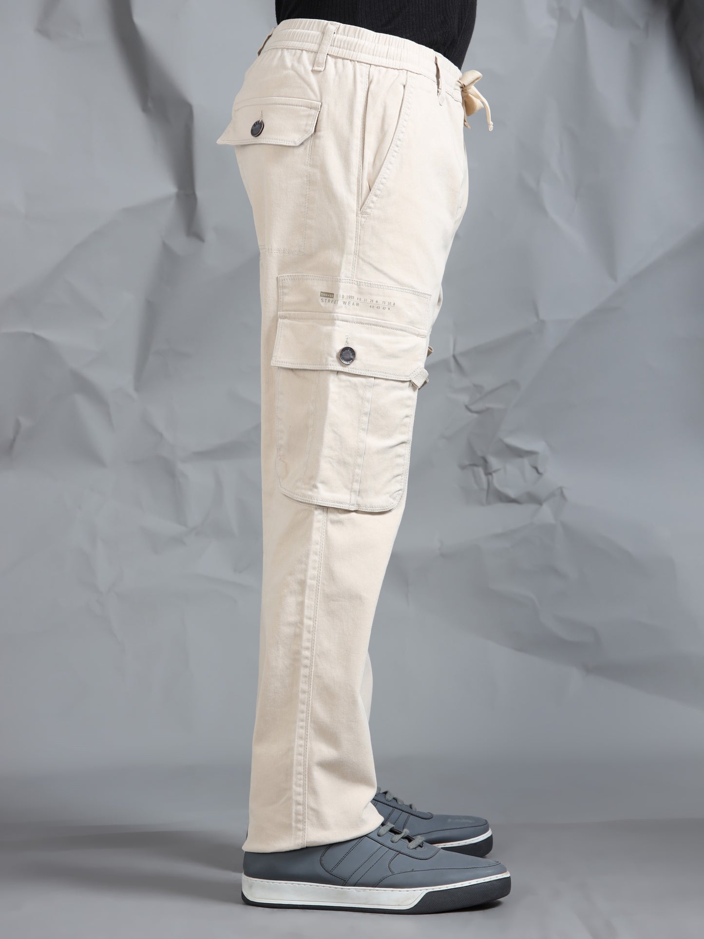 Cotton Lycra Sand  Mid Rise Cargo Pant with 7 Pockets  Drawstring Closure