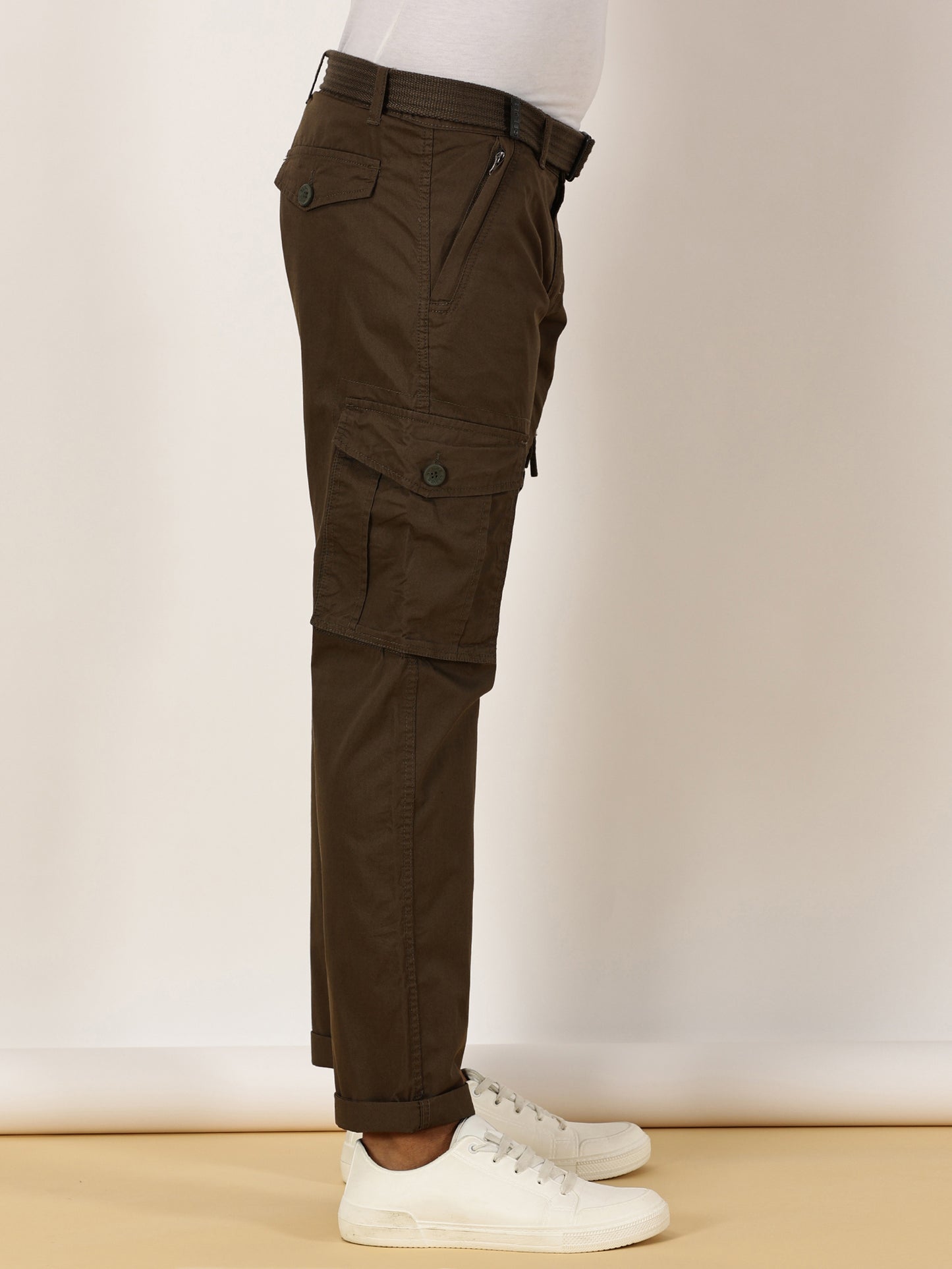 BEEVEE Men's Solid Olive Cargo Pants with Belt