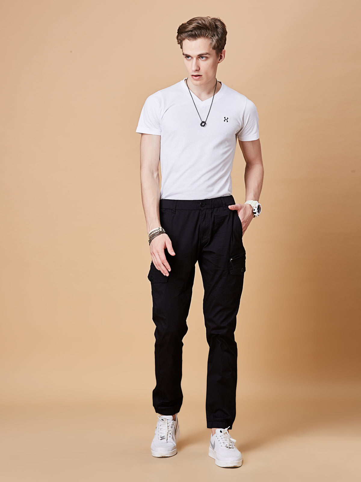 BEEVEE Men's Cotton Blend Solid Regular Fit Elasticated Waist Band Casual Jogger Cargo Black