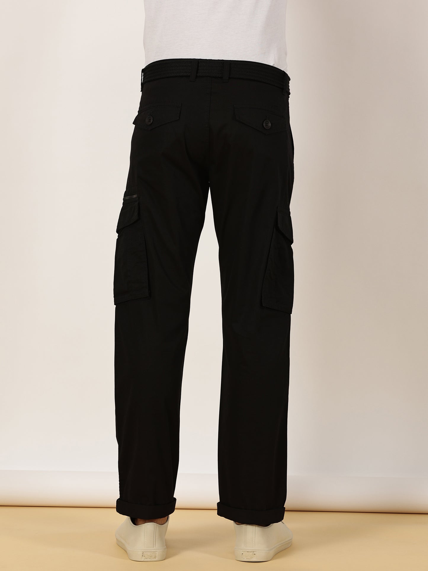 BEEVEE Men's Solid Black Cargo Pants with Belt