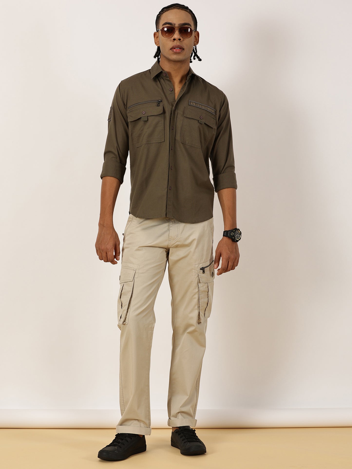 Zip Pocket Stretchable Dark Green  Cargo Shirt