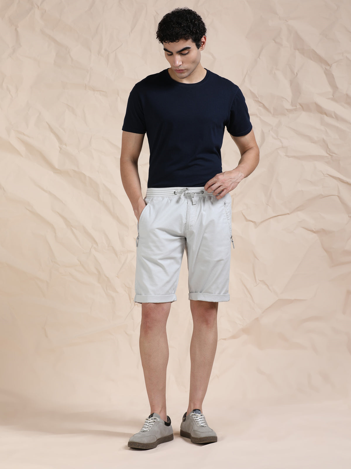 Light Grey Casual Cotton Lycra Shorts