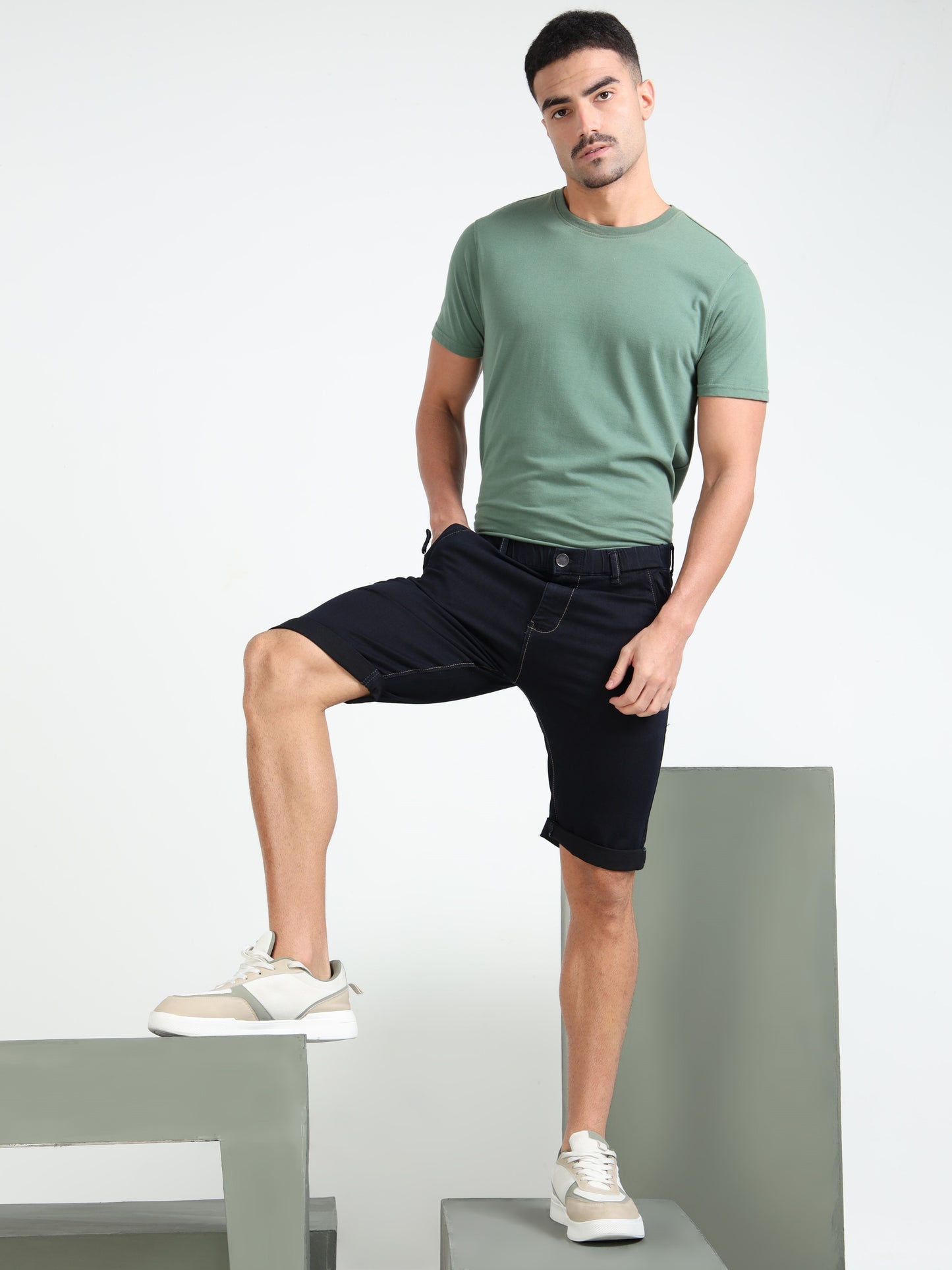 Men’s Casual Cotton Lycra Solid Shorts | Regular Fit, Elasticated Waistband with Button Closure, 3 Pockets