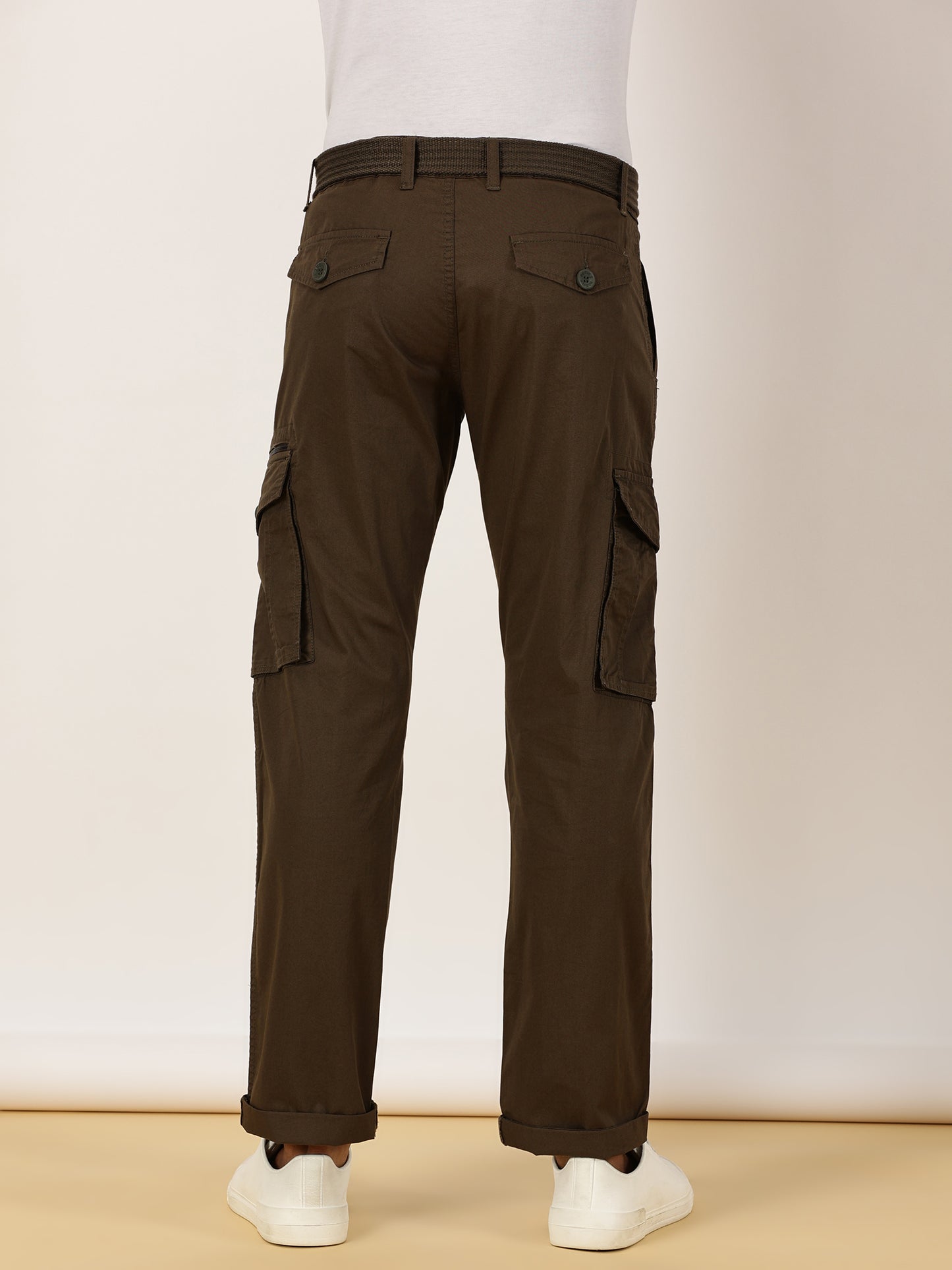 BEEVEE Men's Solid Olive Cargo Pants with Belt