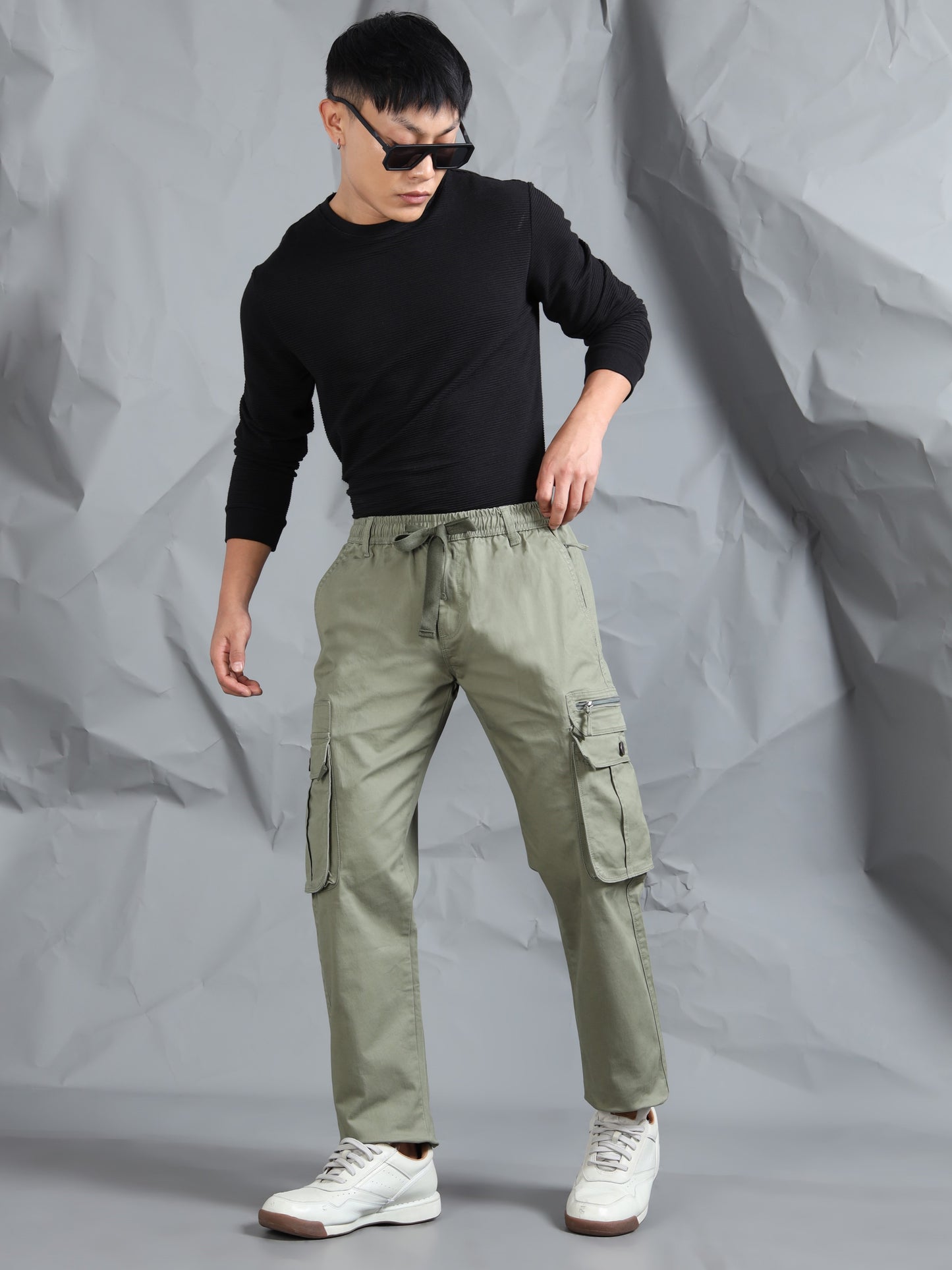 Cotton Lycra Green  Mid Rise Cargo Pant with 7 Pockets  Drawstring Closure