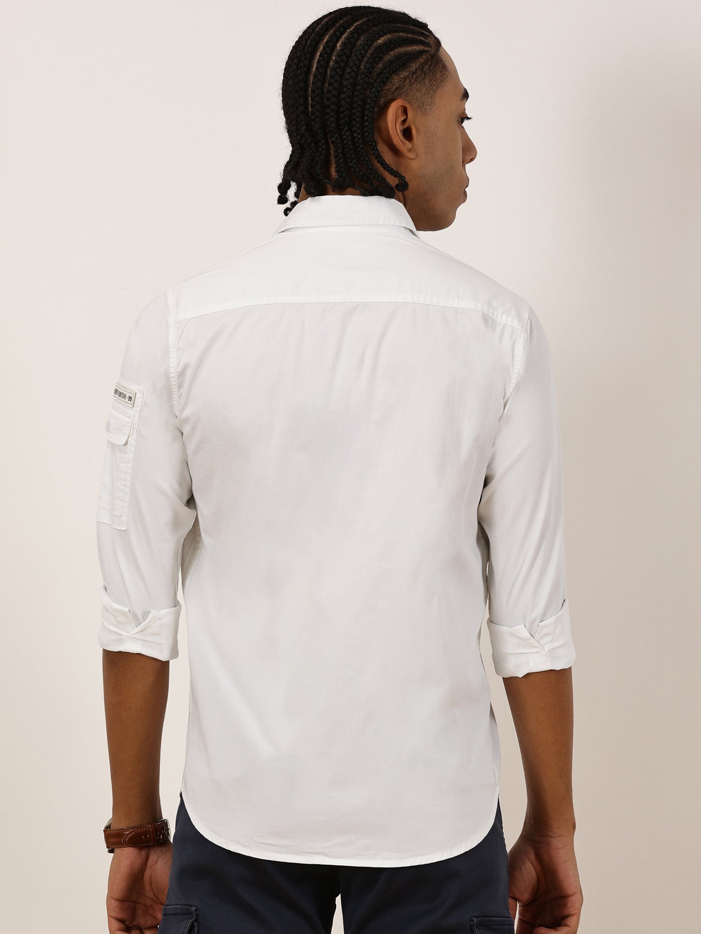 Zip Pocket Stretchable White Cargo Shirt