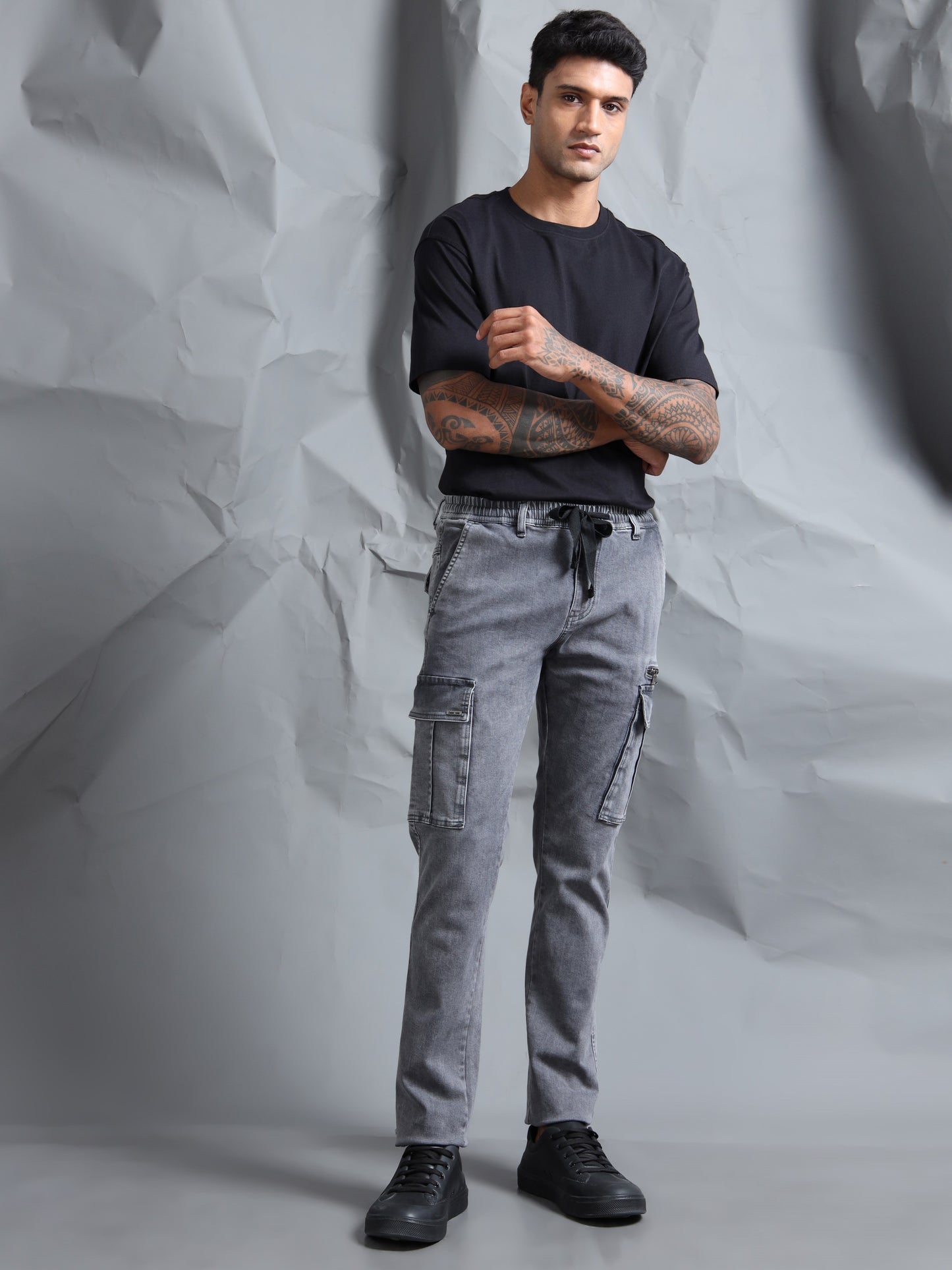 Cotton Lycra Grey  Mid Rise Cargo Pant with 7 Pockets  Drawstring Closure