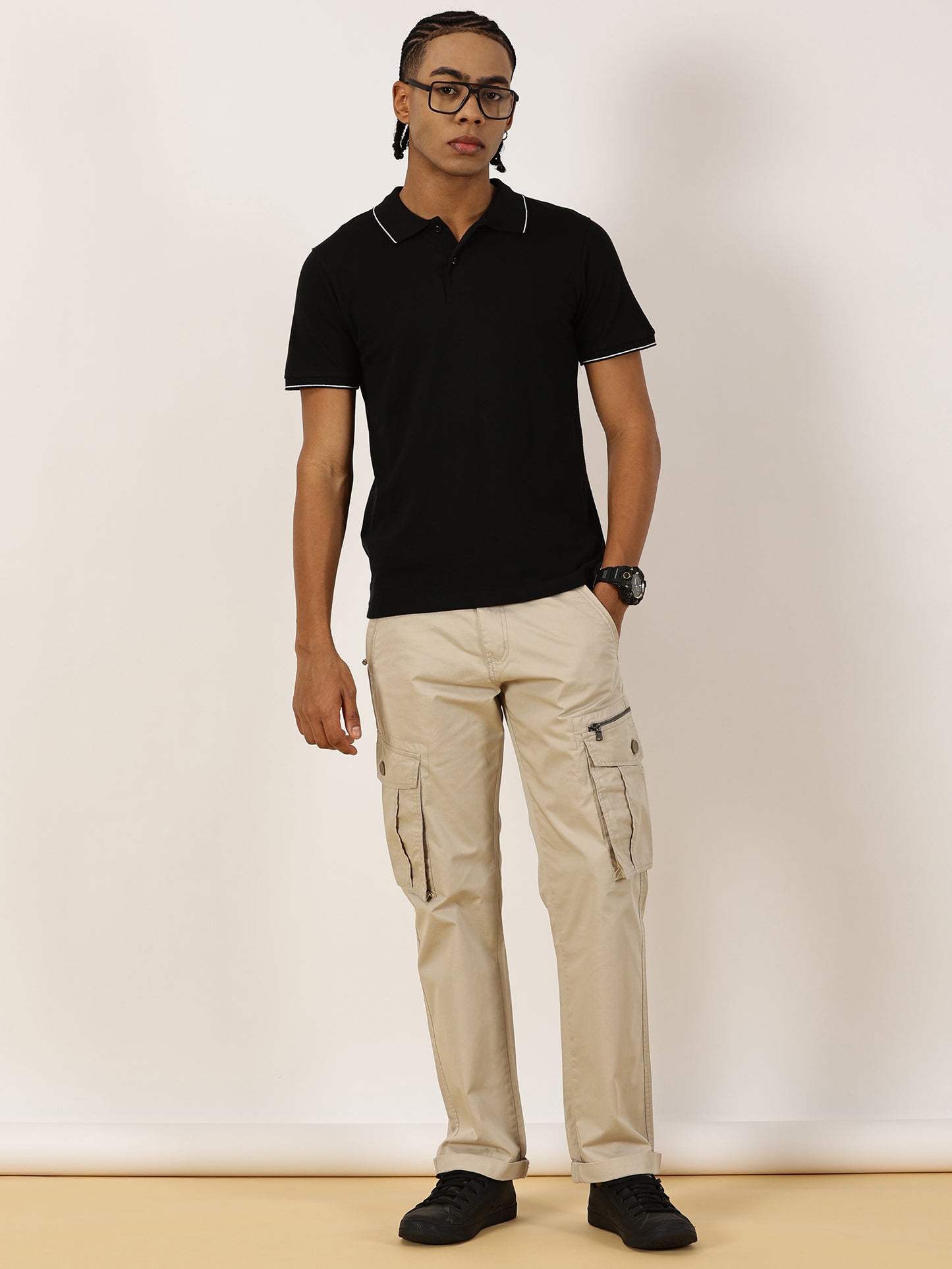 BEEVEE Men's Solid Beige Cargo Pants with Belt