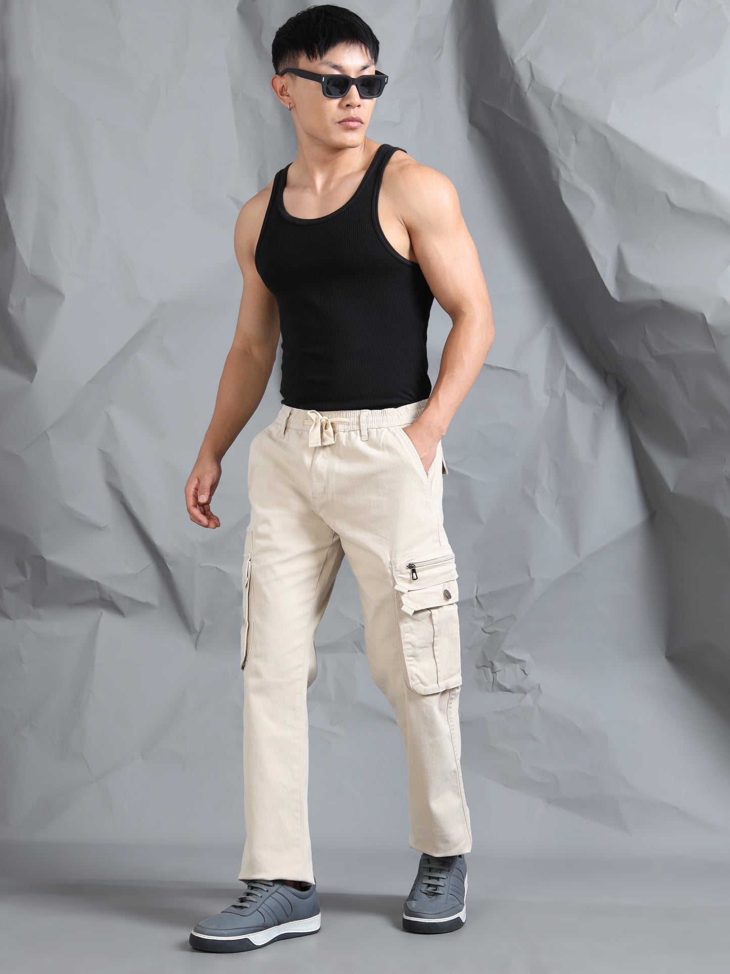 Cotton Lycra Sand  Mid Rise Cargo Pant with 7 Pockets  Drawstring Closure