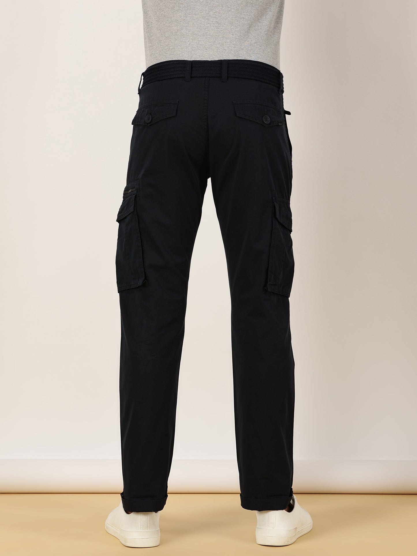 BEEVEE Men's Solid Navy Cargo Pants with Belt