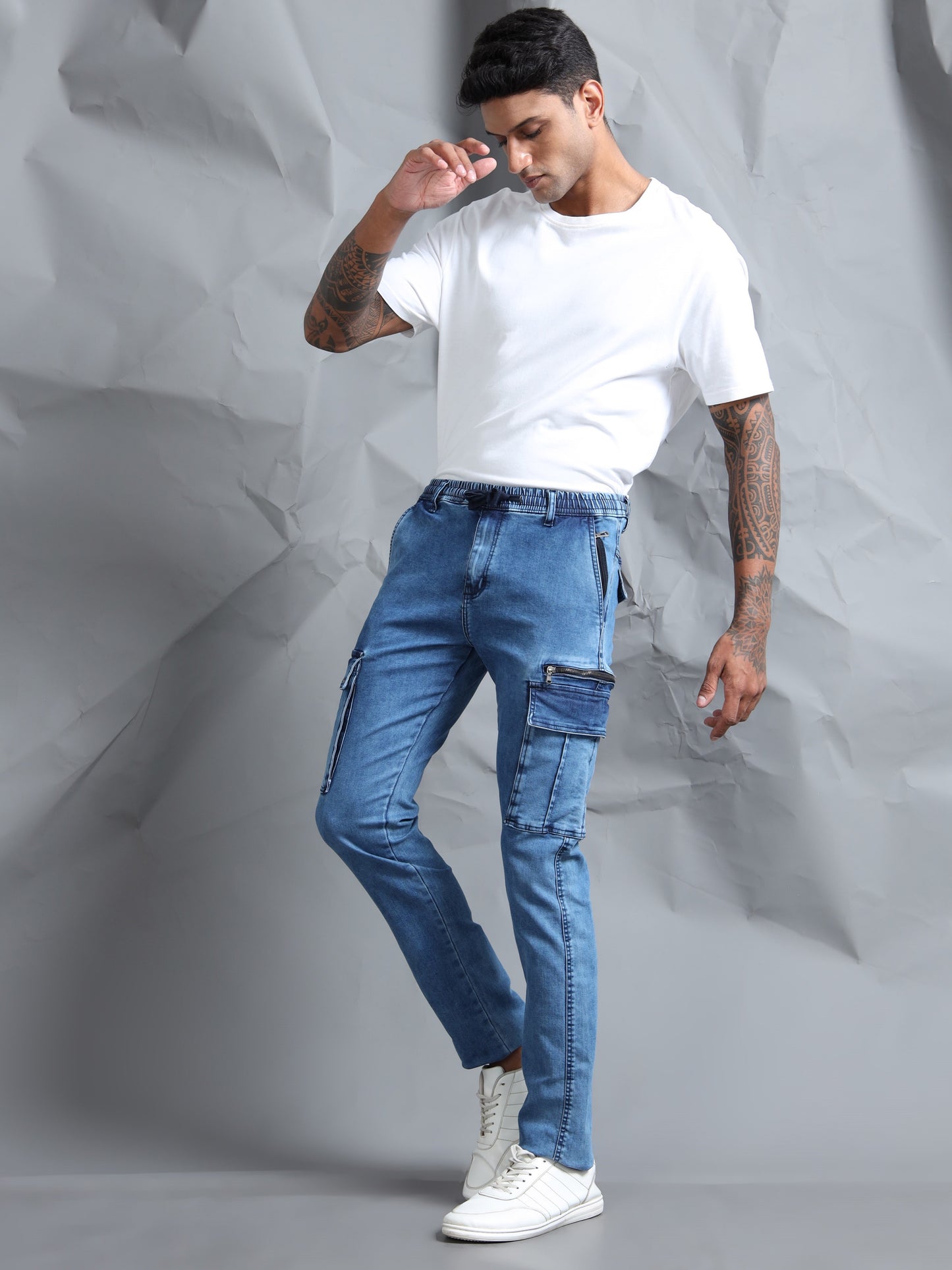 Cotton Lycra Indigo  Mid Rise Cargo Pant with 7 Pockets  Drawstring Closure