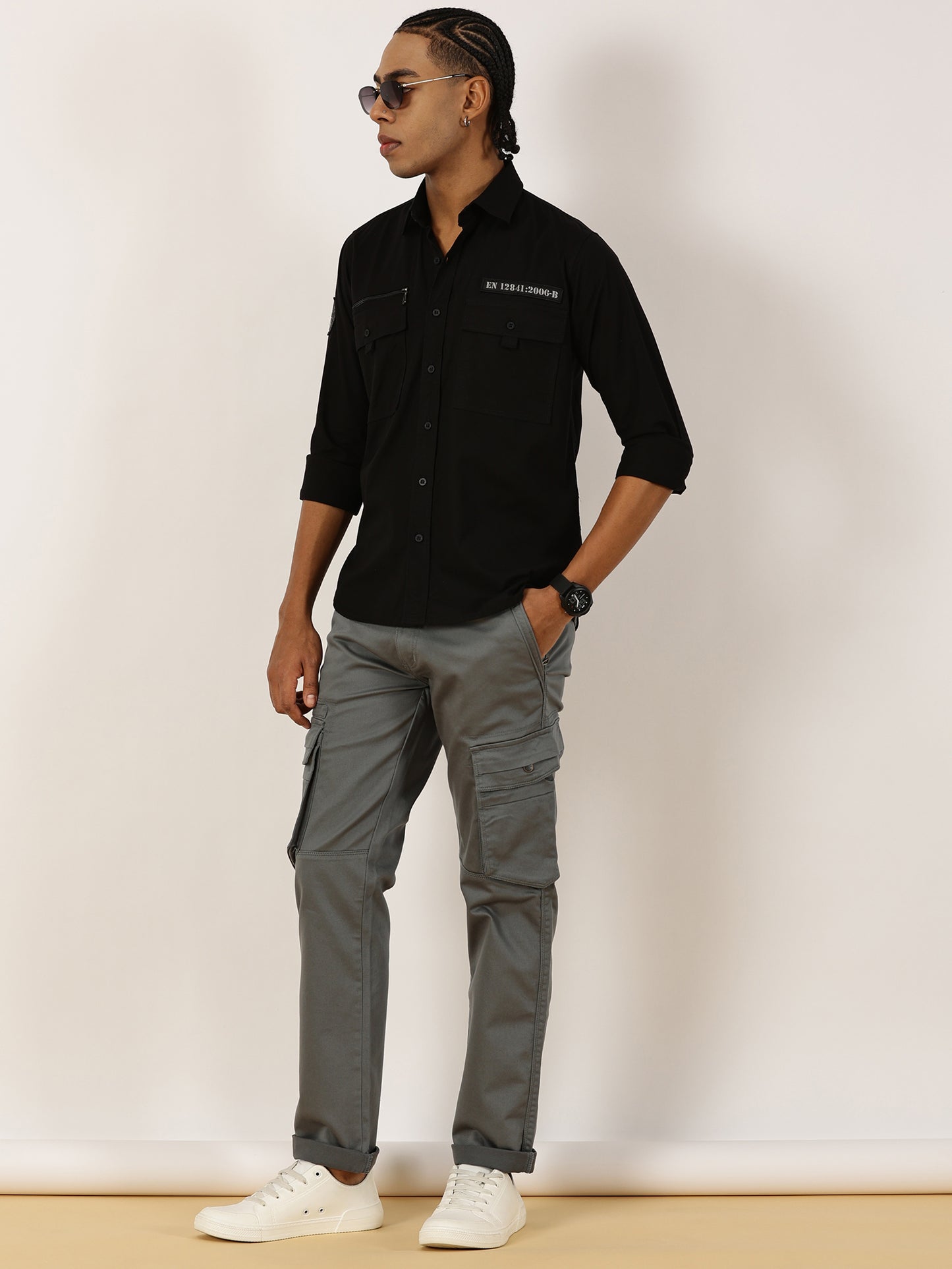 Zip Pocket Stretchable Black Cargo Shirt