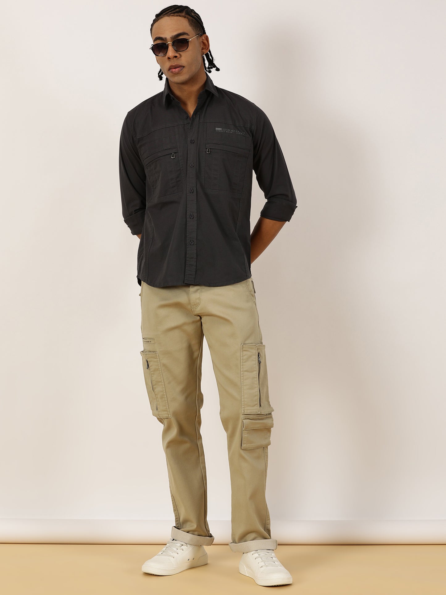 Multi Pocket with Zip Stretchable Grey Cargo Shirt