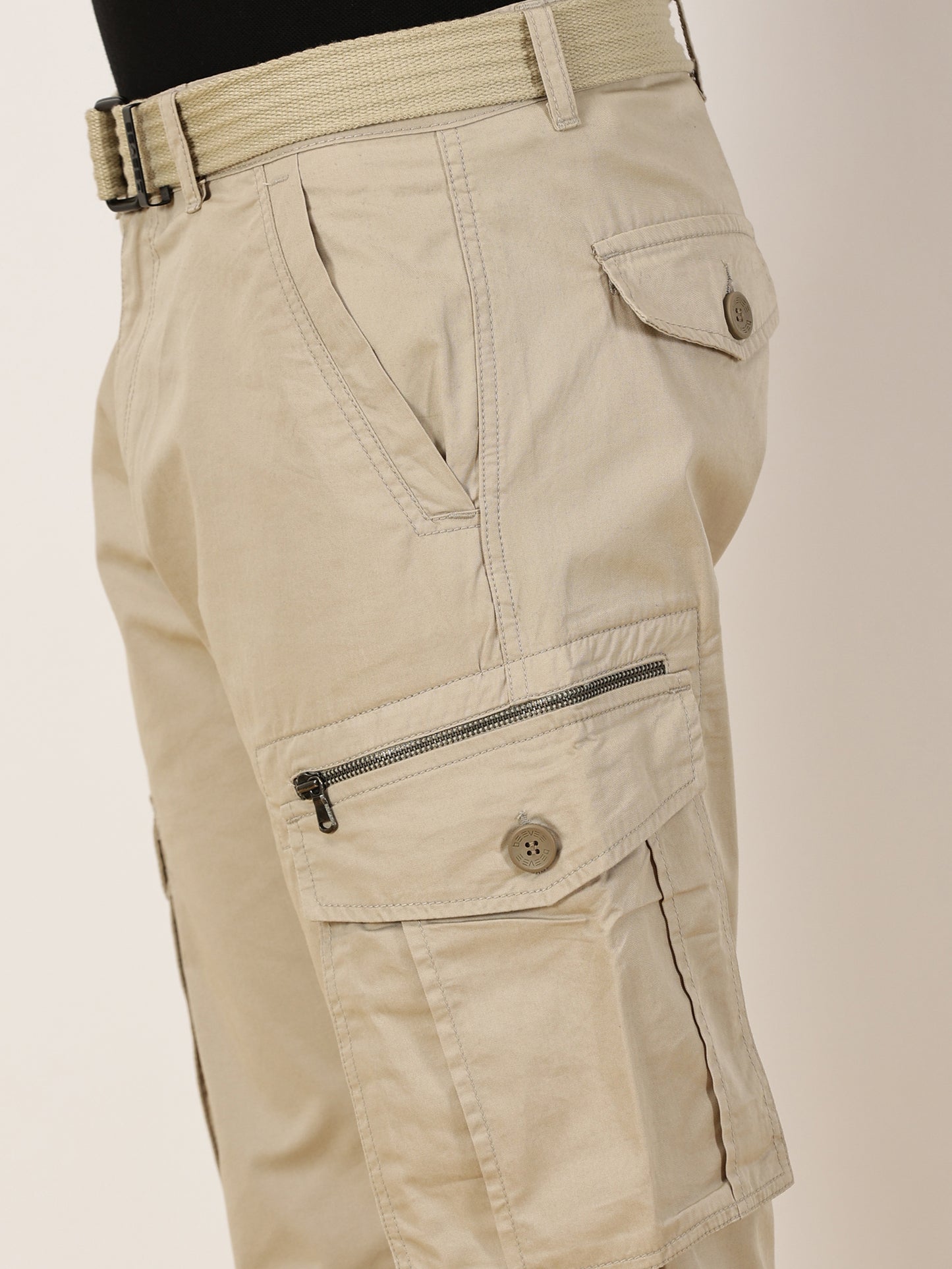 BEEVEE Men's Solid Beige Cargo Pants with Belt