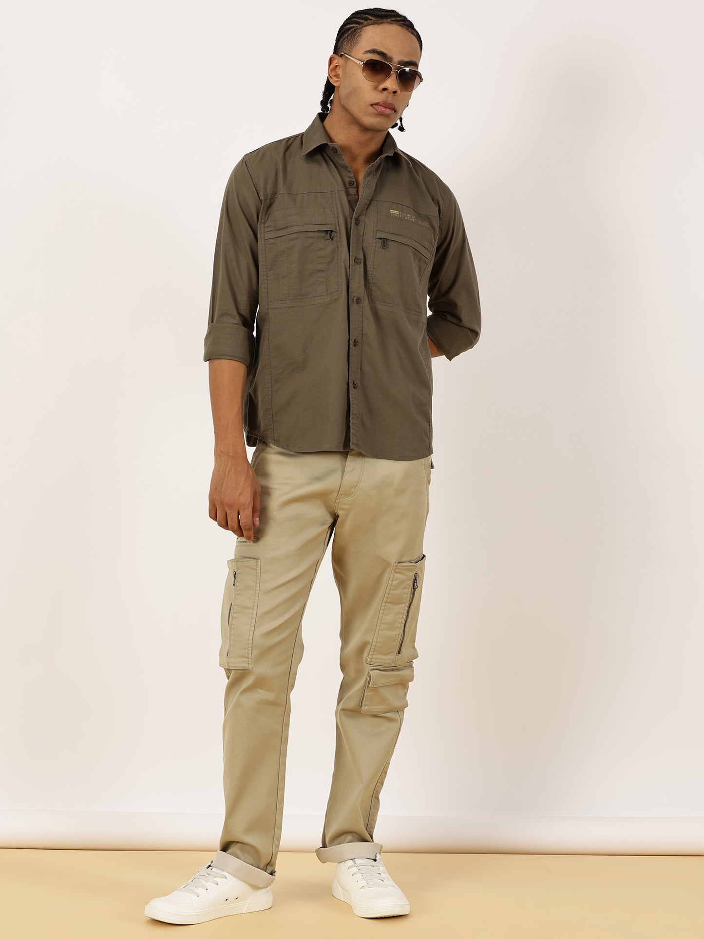 Multi Pocket with Zip Stretchable Green Cargo Shirt