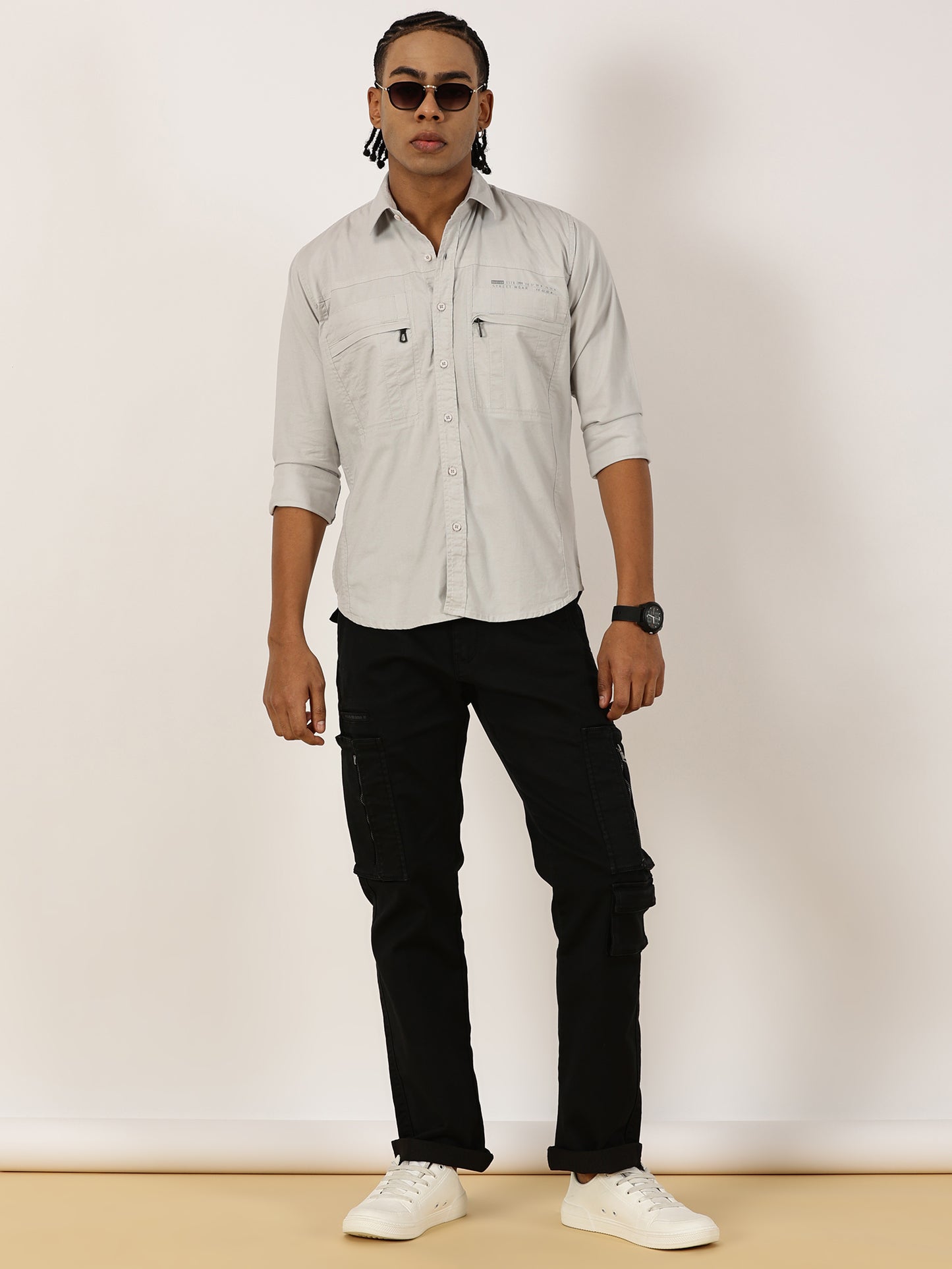 Multi Pocket with Zip Stretchable Light Grey Cargo Shirt