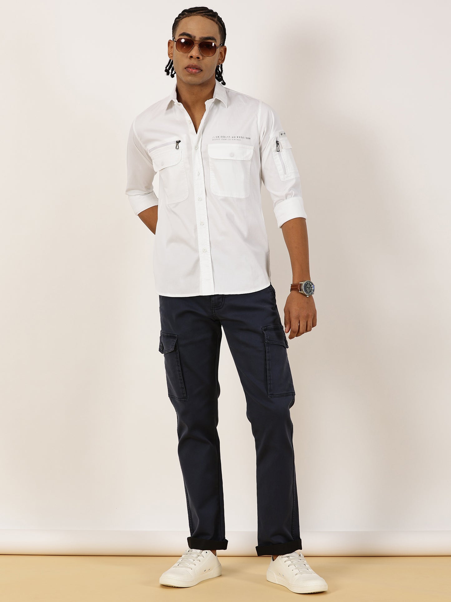 Zip Pocket Stretchable White Cargo Shirt