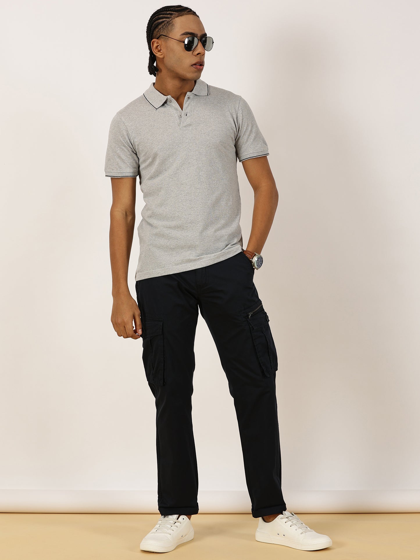 BEEVEE Men's Solid Navy Cargo Pants with Belt