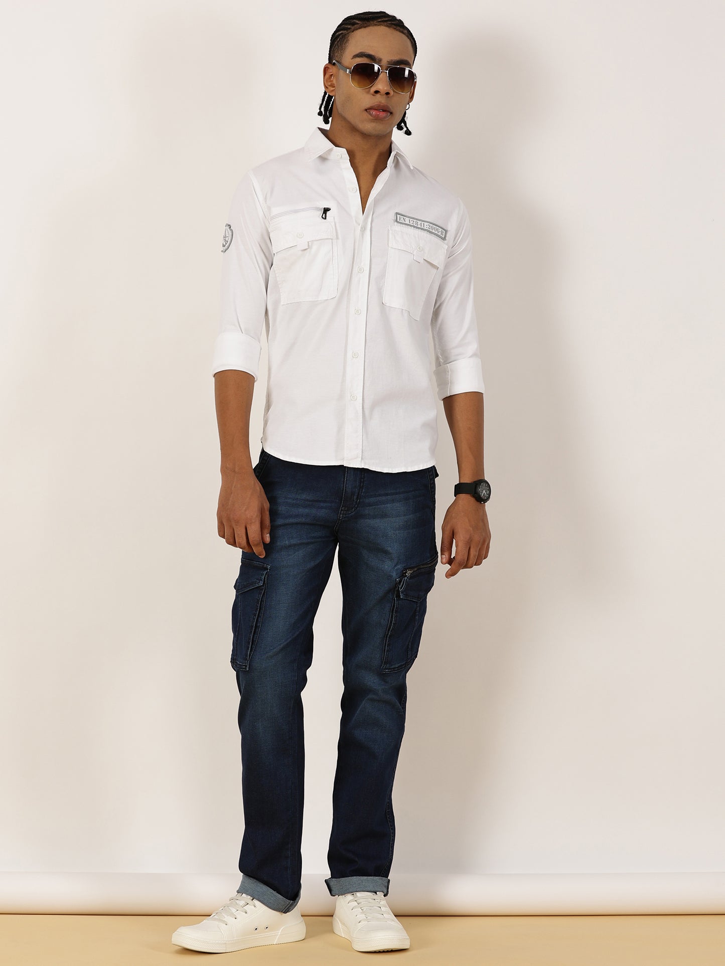Zip Pocket Stretchable White Cargo Shirt