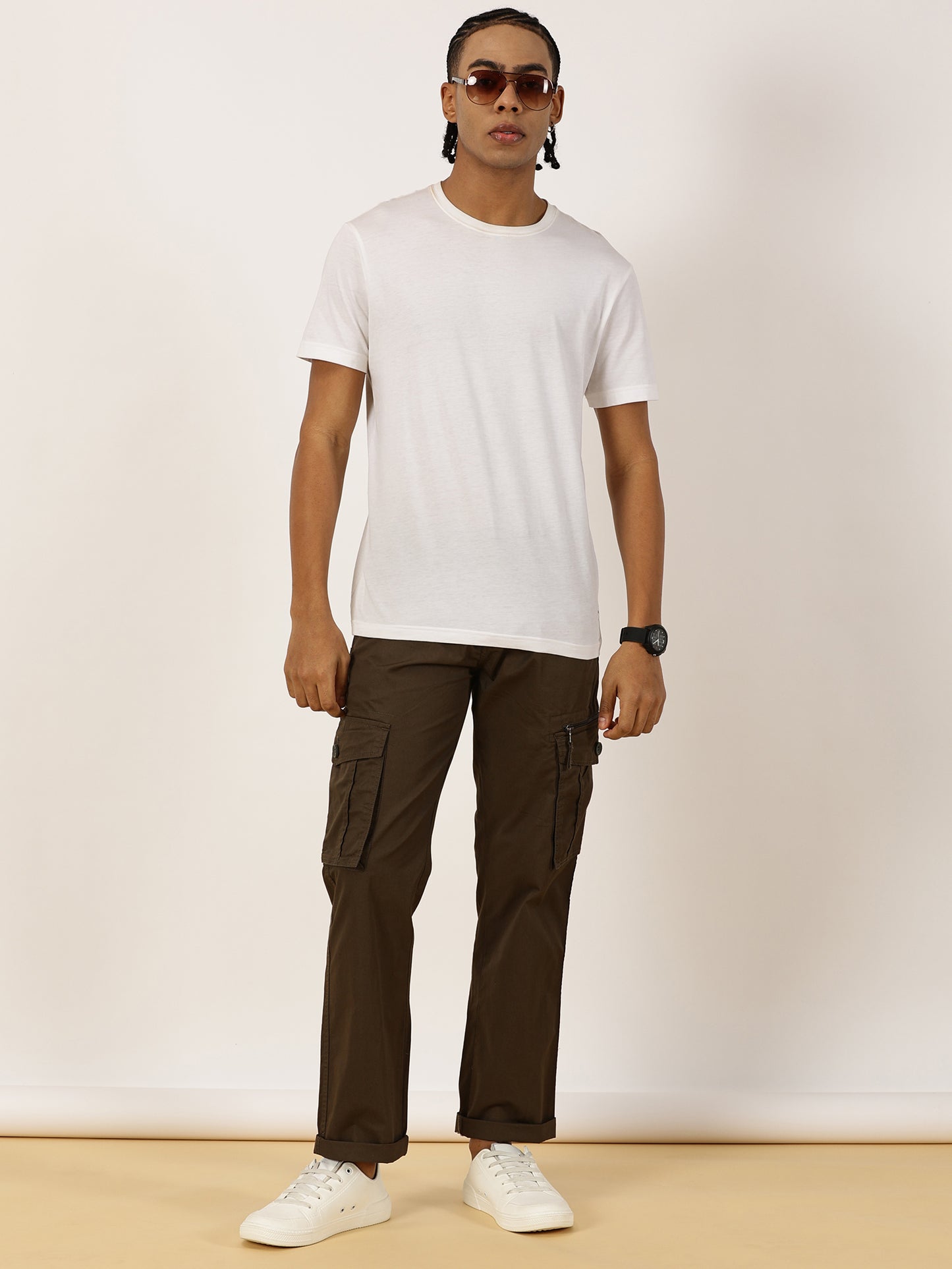 BEEVEE Men's Solid Olive Cargo Pants with Belt