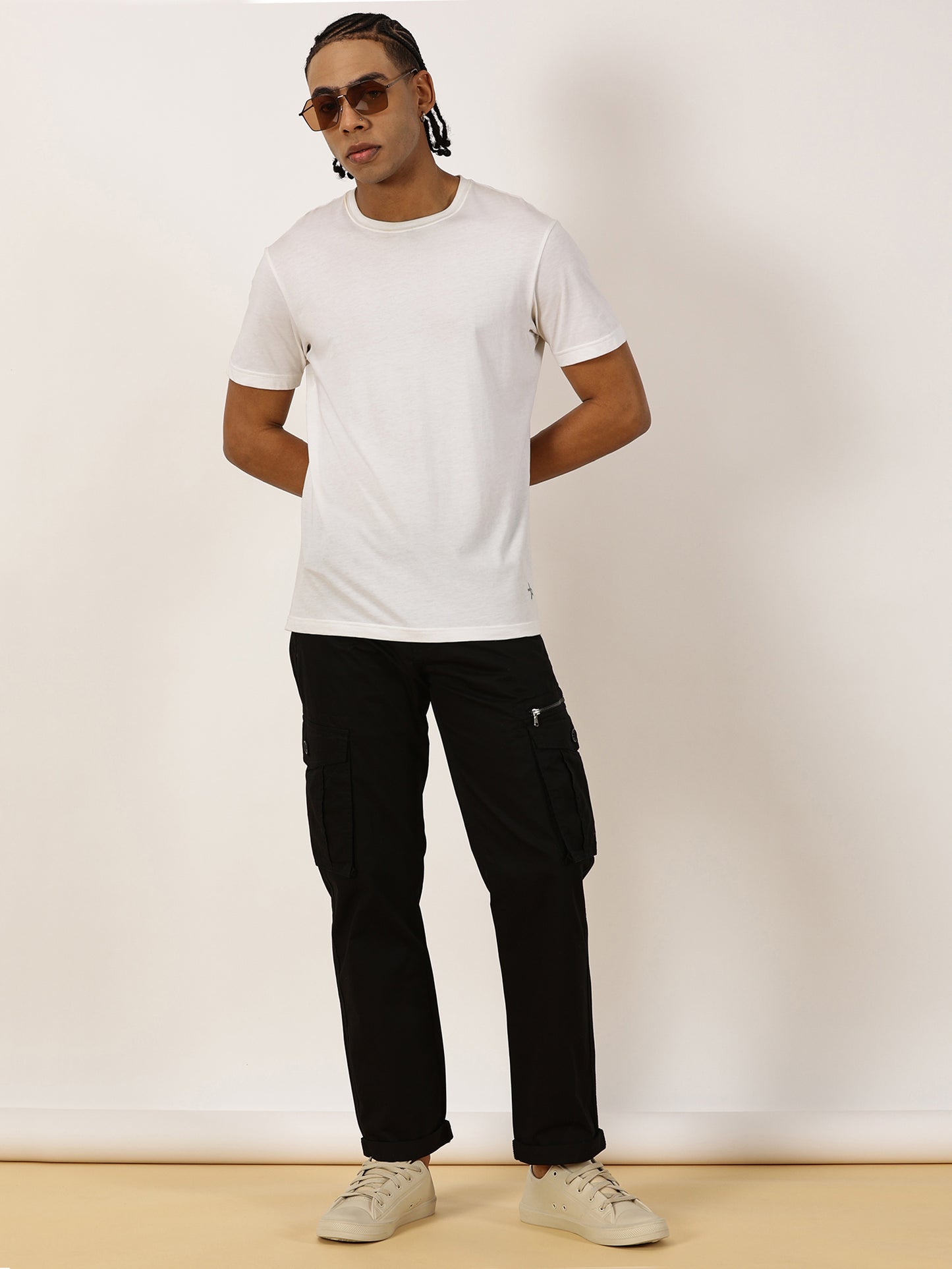 BEEVEE Men's Solid Black Cargo Pants with Belt